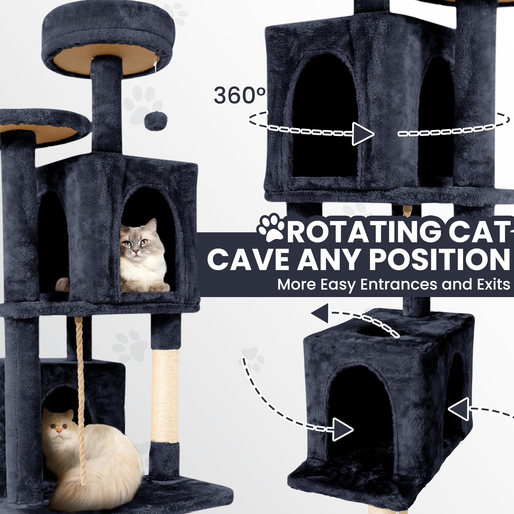 Tscomon 58.5Inch Large Cat Tree Tower Condo For Indoor Cats, Soft Plush Multi-Level Climbing Tree Cat House With 1 360 Rotating