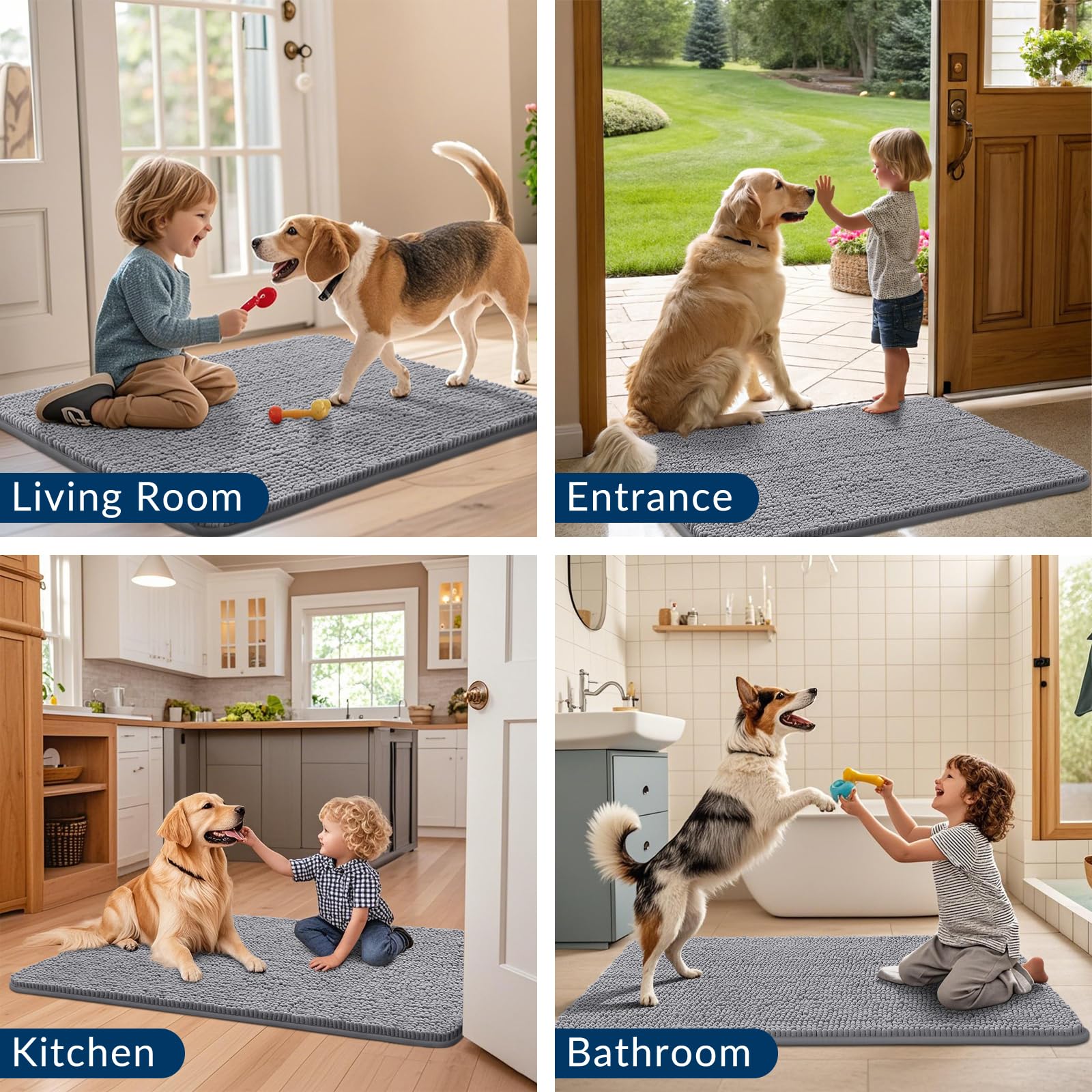 Smiry Dog Door Mat - Non-Slip Chenille Doormat, Absorbs Moisture & Dirt, 34"x21", Grey