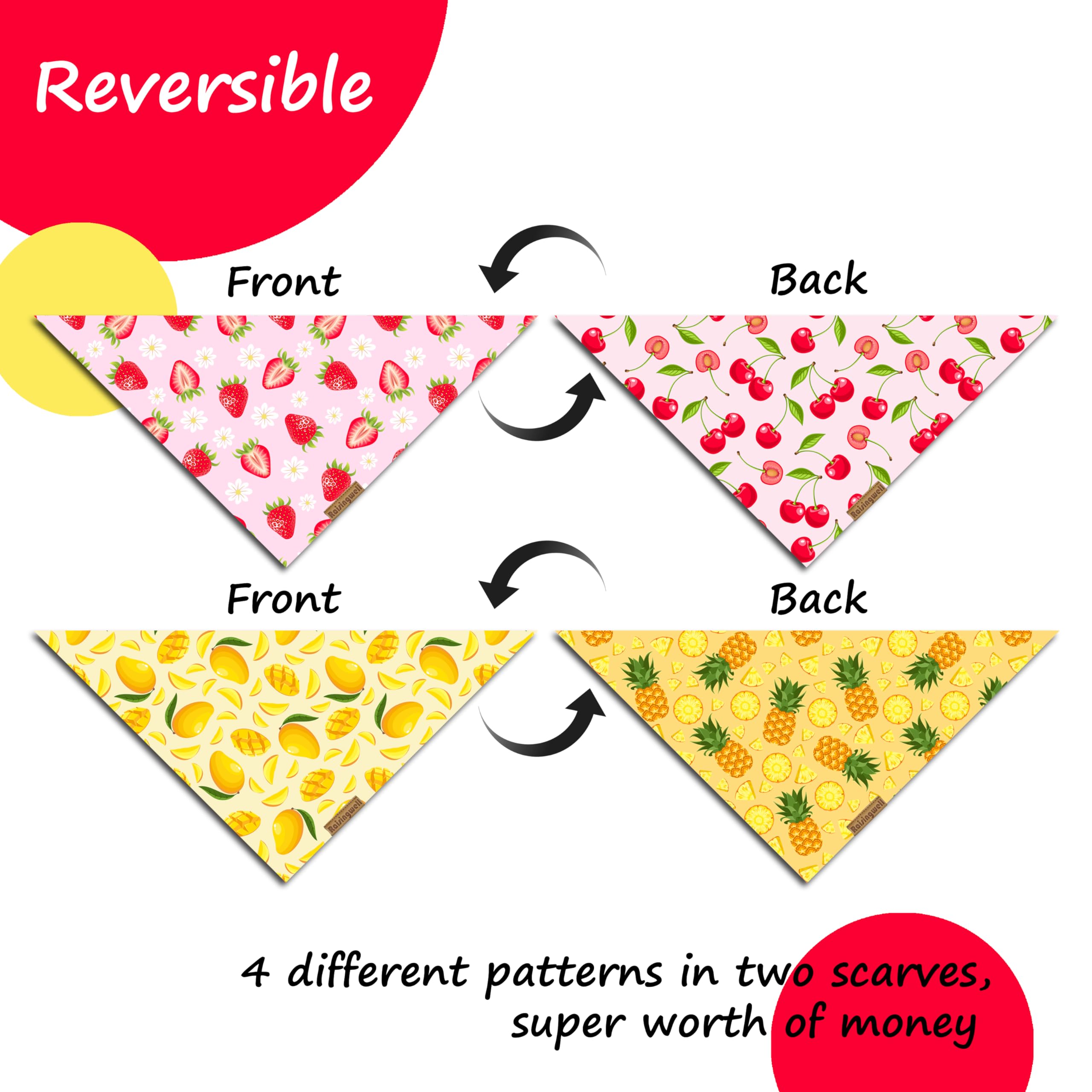 Raisingwell Summer Fruit Dog Bandanas 2 Pack 4 Pattern Reversible, Holiday Bandana For Boy And Girl, Premium Durable Fabric, Par