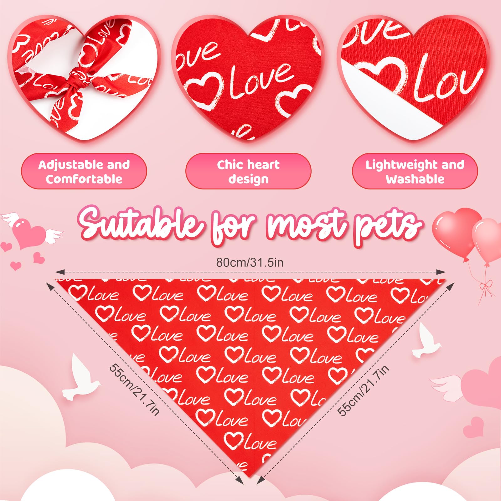 Jeere 50 Pieces Mother 's Day Dog Bandanas Bulk Pet Day Gift Pink Romantic Heart Bandanas for Dogs Triangle Kerchief Scarf Bibs