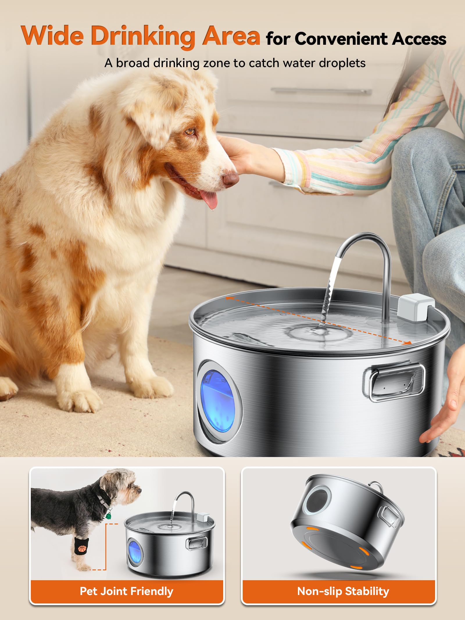 Dog Water Fountain for Large Dogs, 3.2Gal/406oz/12L Stainless Steel Pet Water Fountain, Quiet Dog Water Bowl Dispenser with Visi