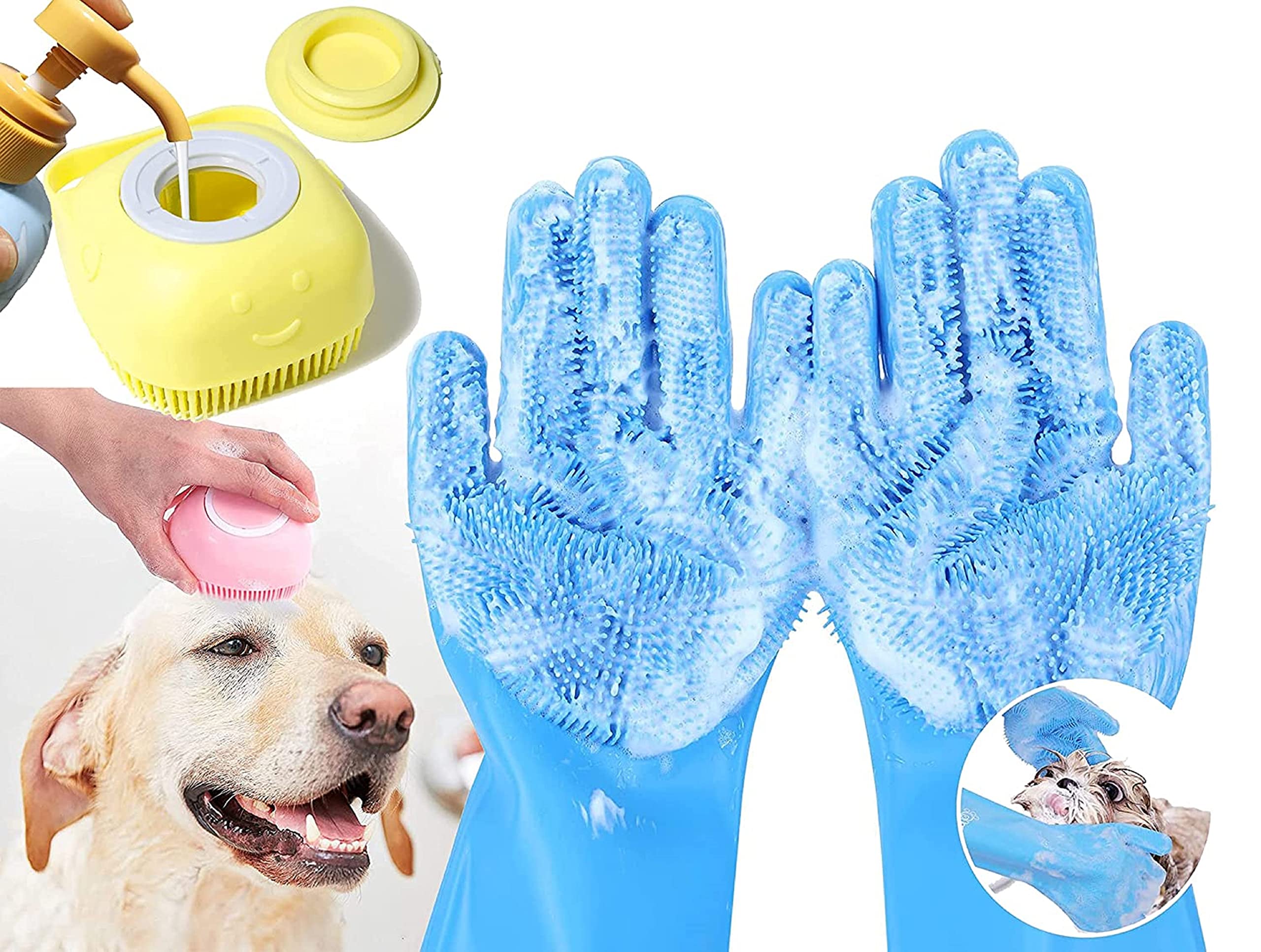 Styllent Pack Of 2 Dog Cats Pet Grrooming Silicon Shampoo Dispenser Brush With 1 Pair Bathing Gloves Soft Bristle For Soothing S