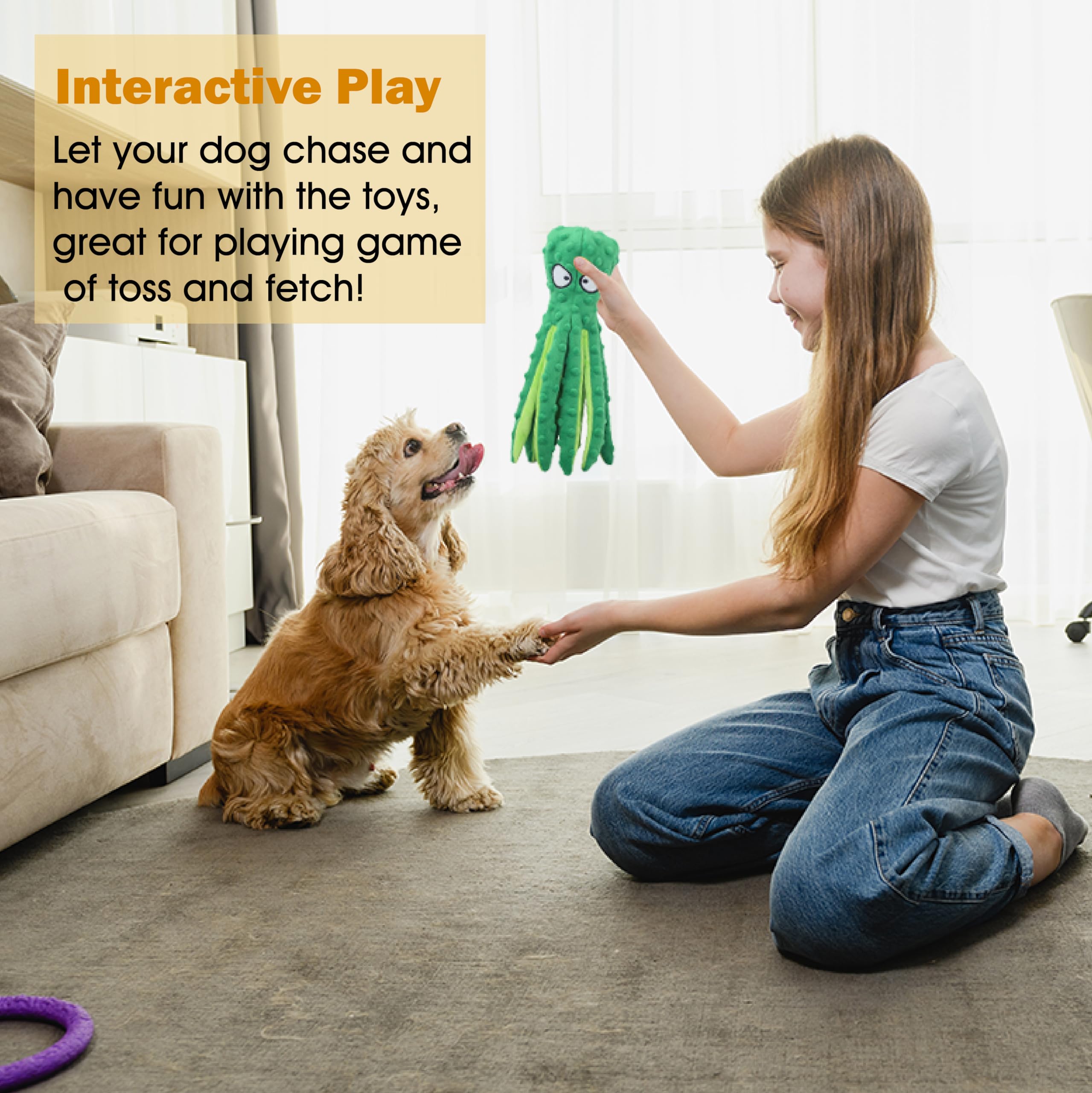 Cpyosn Dog Squeaky Toys Octopus - No Stuffing Crinkle Plush Dog Toys For Puppy Teething, Durable Interactive Dog Chew Toys For S