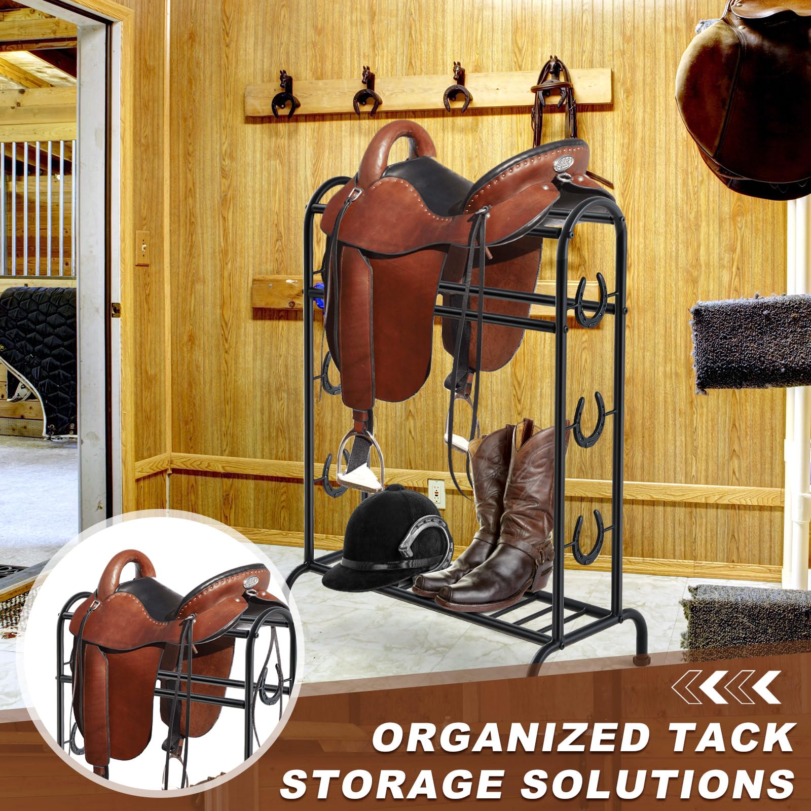 Blulu Saddle Stand, Horseshoe Trophy Horse Saddle Stand, Decorative Iron Horseshoe Motif, Ideal for Trophy Saddle Display Access