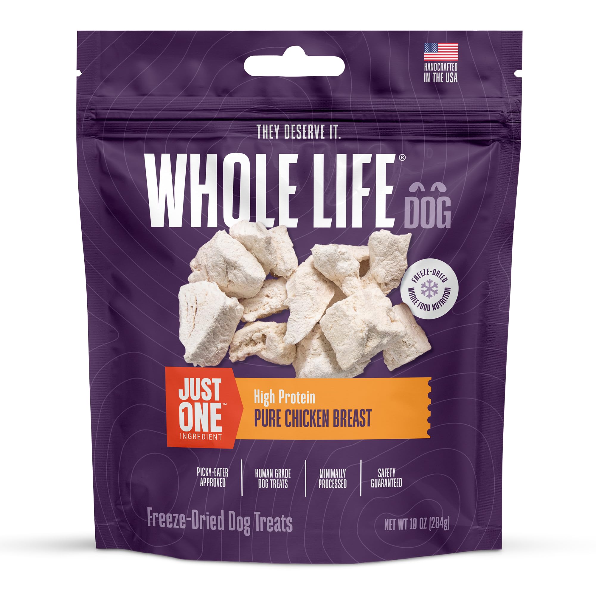 Whole Life Dog Just One Chicken Freeze Dried Dog Treats - Human Grade High Protein Food, Healthy Training Snacks, Freeze Dried F