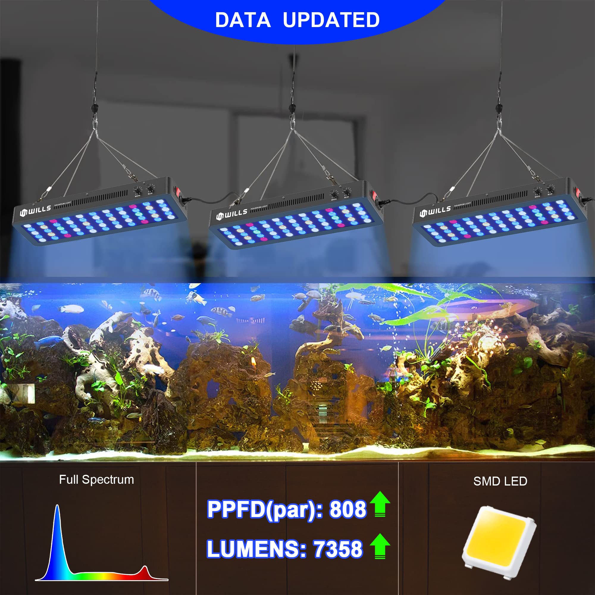 Wills Aquarium Light, Dimmable Full Spectrum Fish Tank Light With 3 Dimming Modes & 55 Premium Smd Chips, 165W Led Aquarium Plant Light For Saltwater Freshwater Coral Reef (21.3'X6.7'X2.4')
