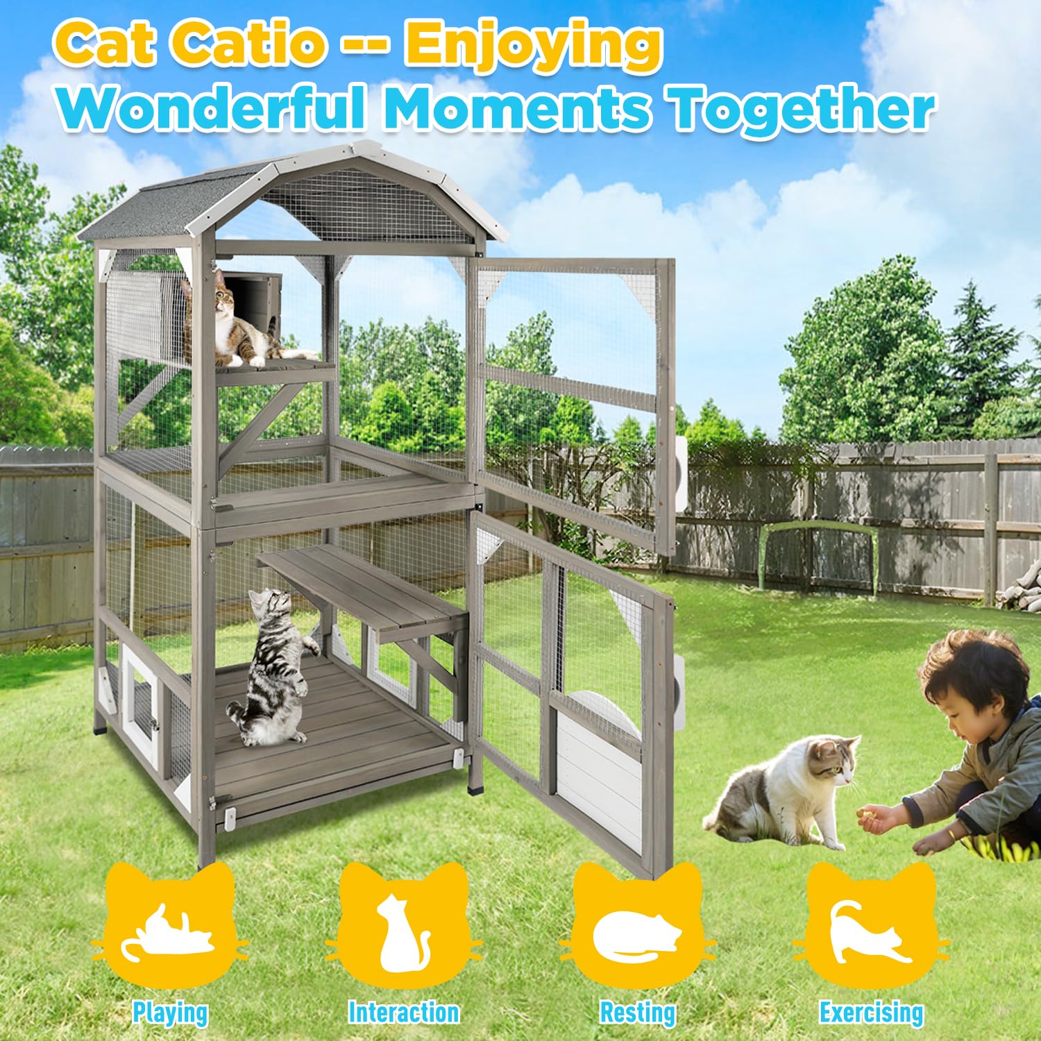 Gowoodhut 71'' Large Cat House Outdoor Catio Enclosures Indoor Kitten Cages With Attachable Window Resting Box,Waterproof Roof