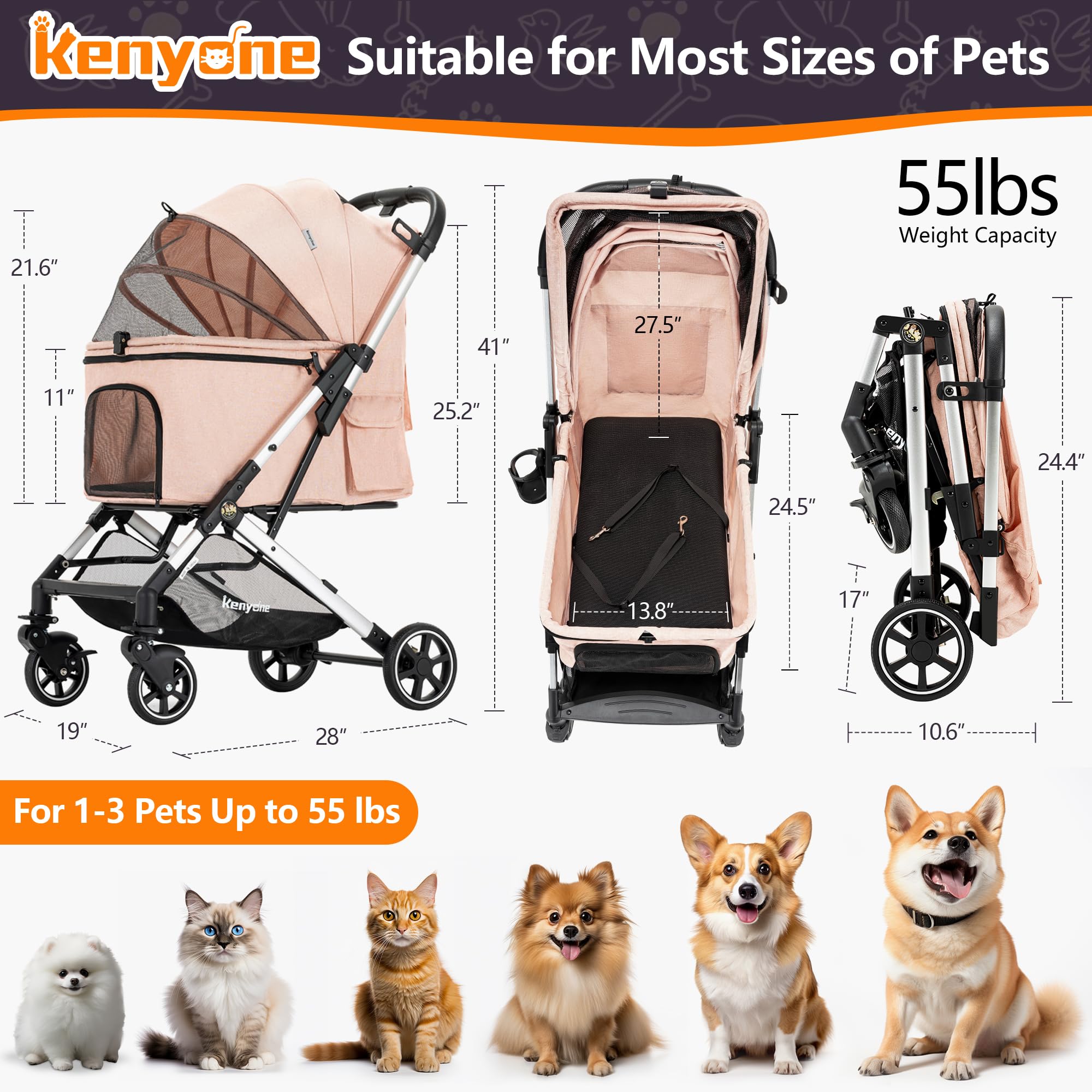 Medium Dog Stroller, Kenyone Pet Stroller For Medium Dogs Up To 55Lbs, Lightweight Aluminum Frame, One Click Folding, Large Cat