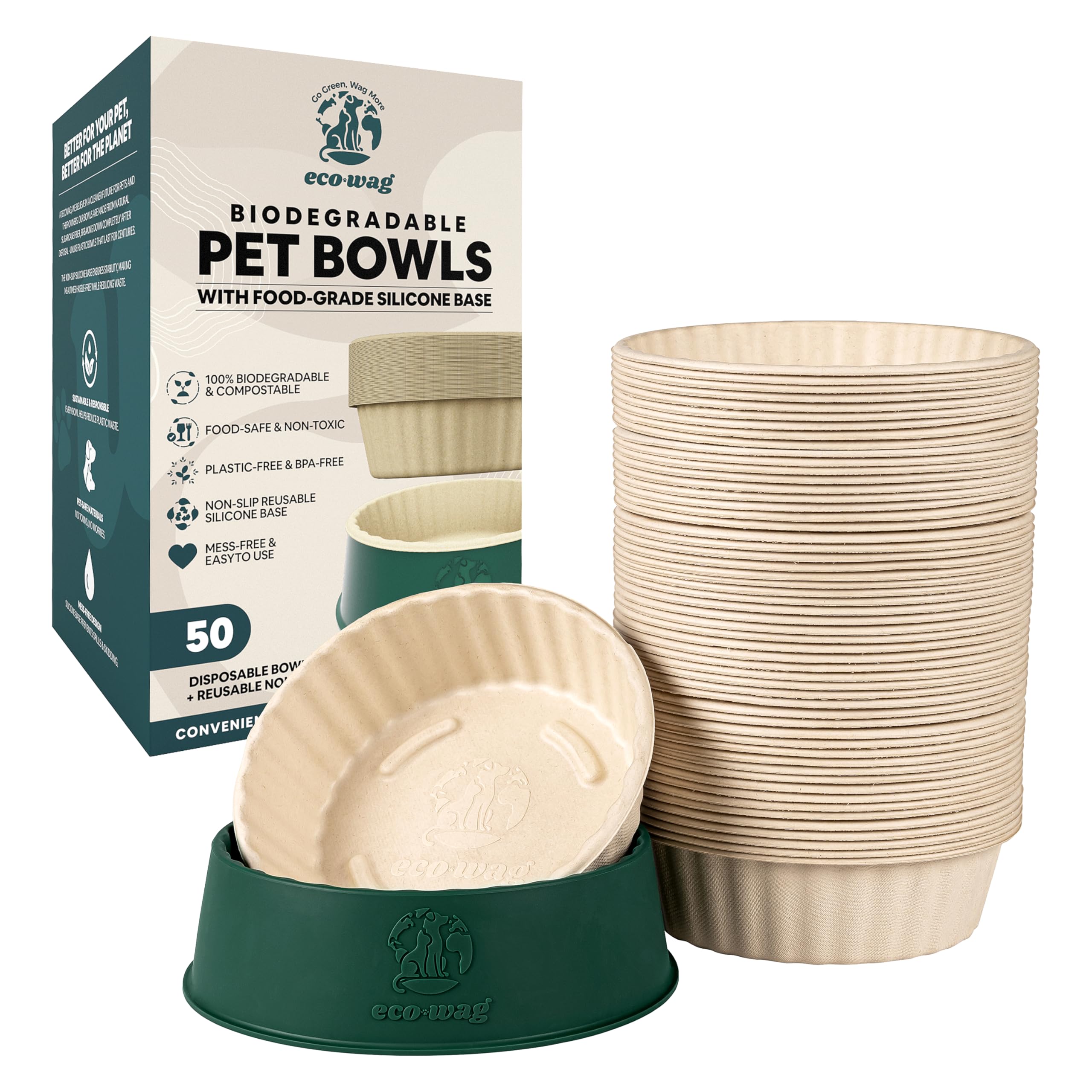 EcoWag 50-Pack 28oz Disposable Pet Bowls with Food-Grade Silicone Base - Biodegradable, Hygienic Feeding System for Dogs & Cats,