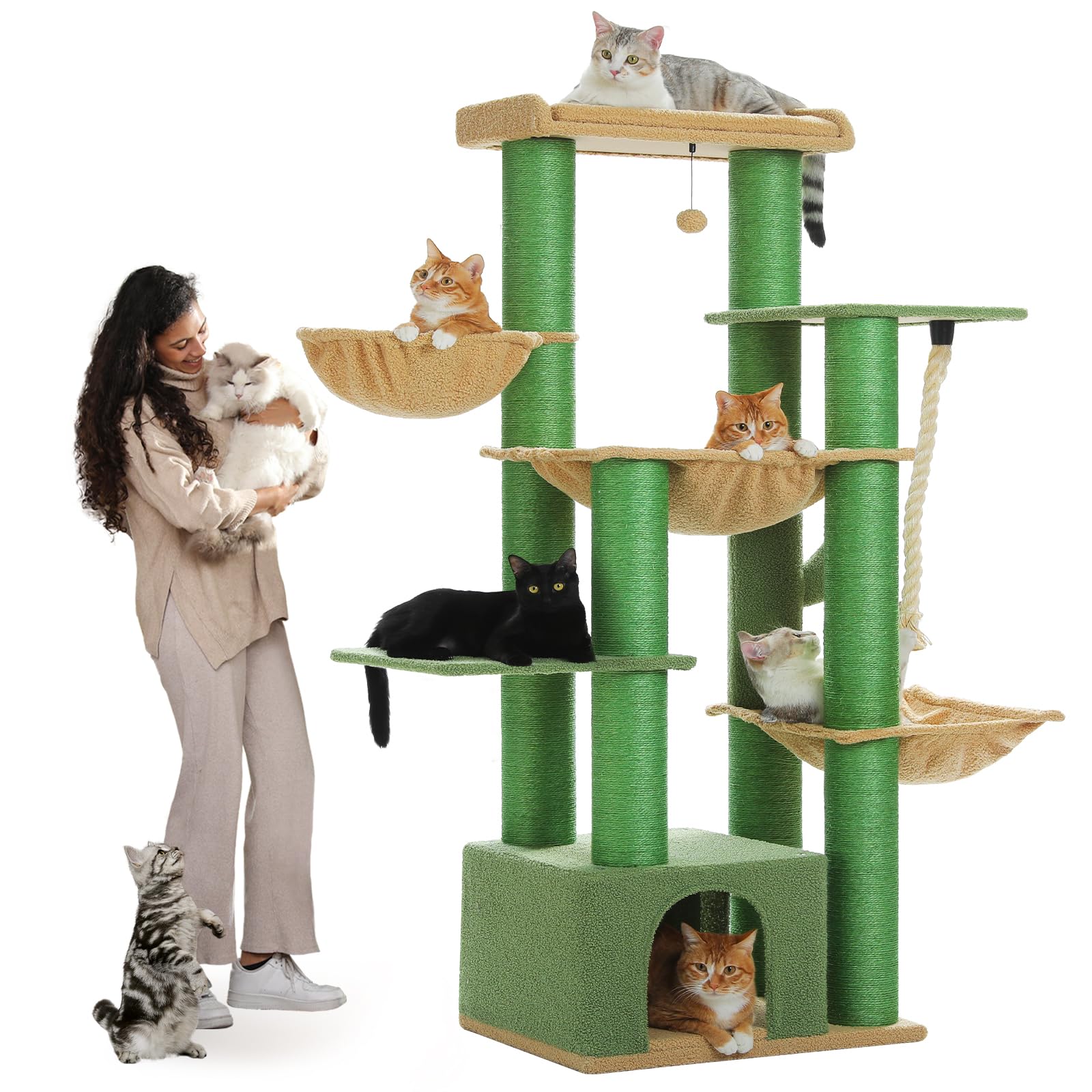 Muttros Cactus Cat Tree For Large Indoor Cats - 67 Tall Cat Tower With 13 Thick (F4.3In) Scratching Posts, Spacious Top Bed, M