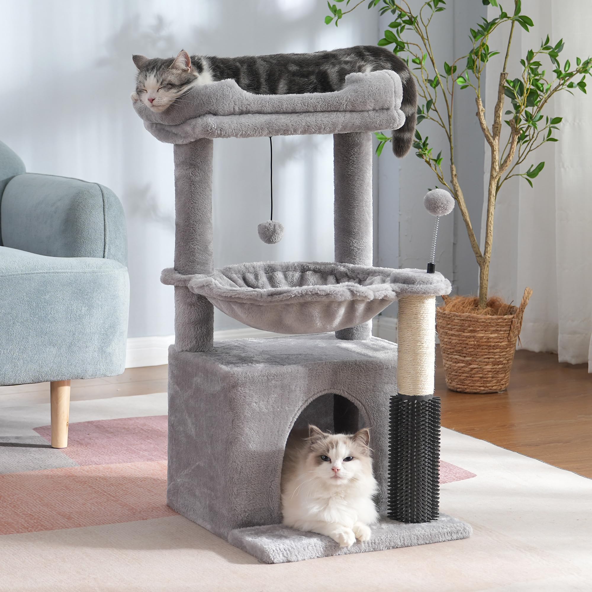 Pawfessor 5 In 1 Cat Tree 32 Inches Cat Tower With Self Groomer,15.7   Large Hammock, Fully Scratching Post, Removable Top Perch