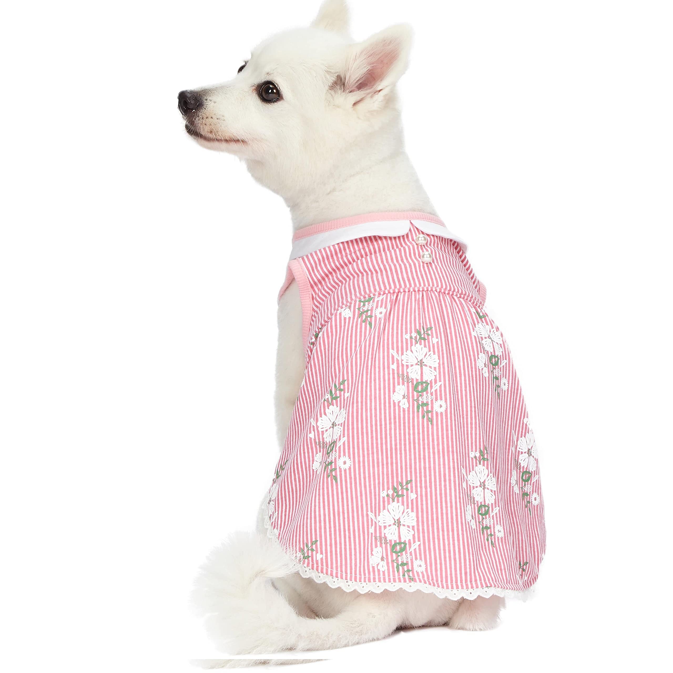 Blueberry Pet Wonderland Floral Sleeveless Dog Dress in Pink Stripe with Peter Pan Collar, Back Length 10, Pack of 1 Clothes for