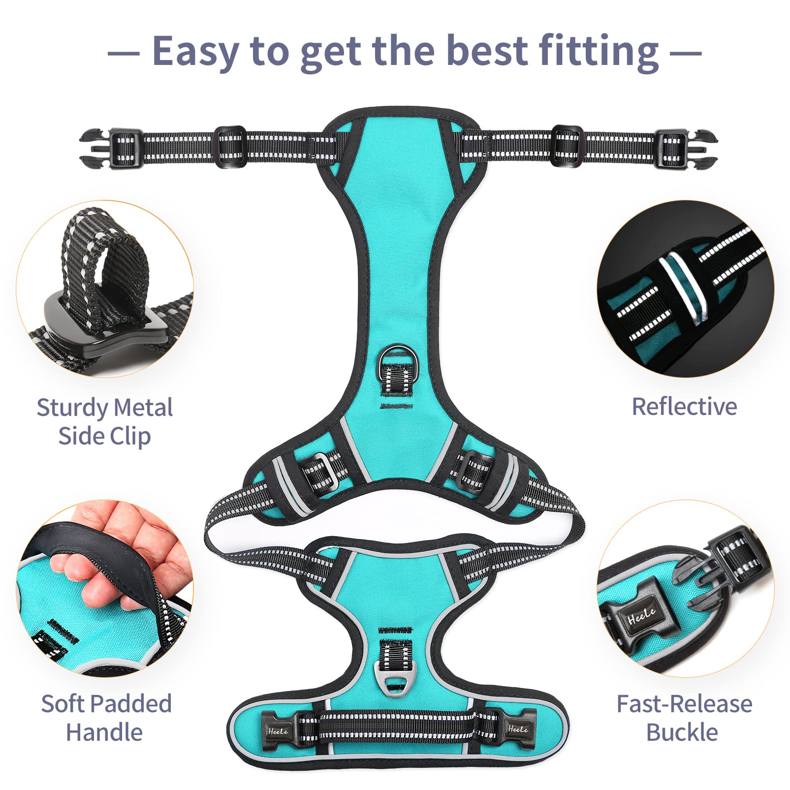 HEELE Dog Harness Dog Harness Small Dog No Pull Harness wiht Soft Handle Reflective Harness Adjustable, Turquoise, XS