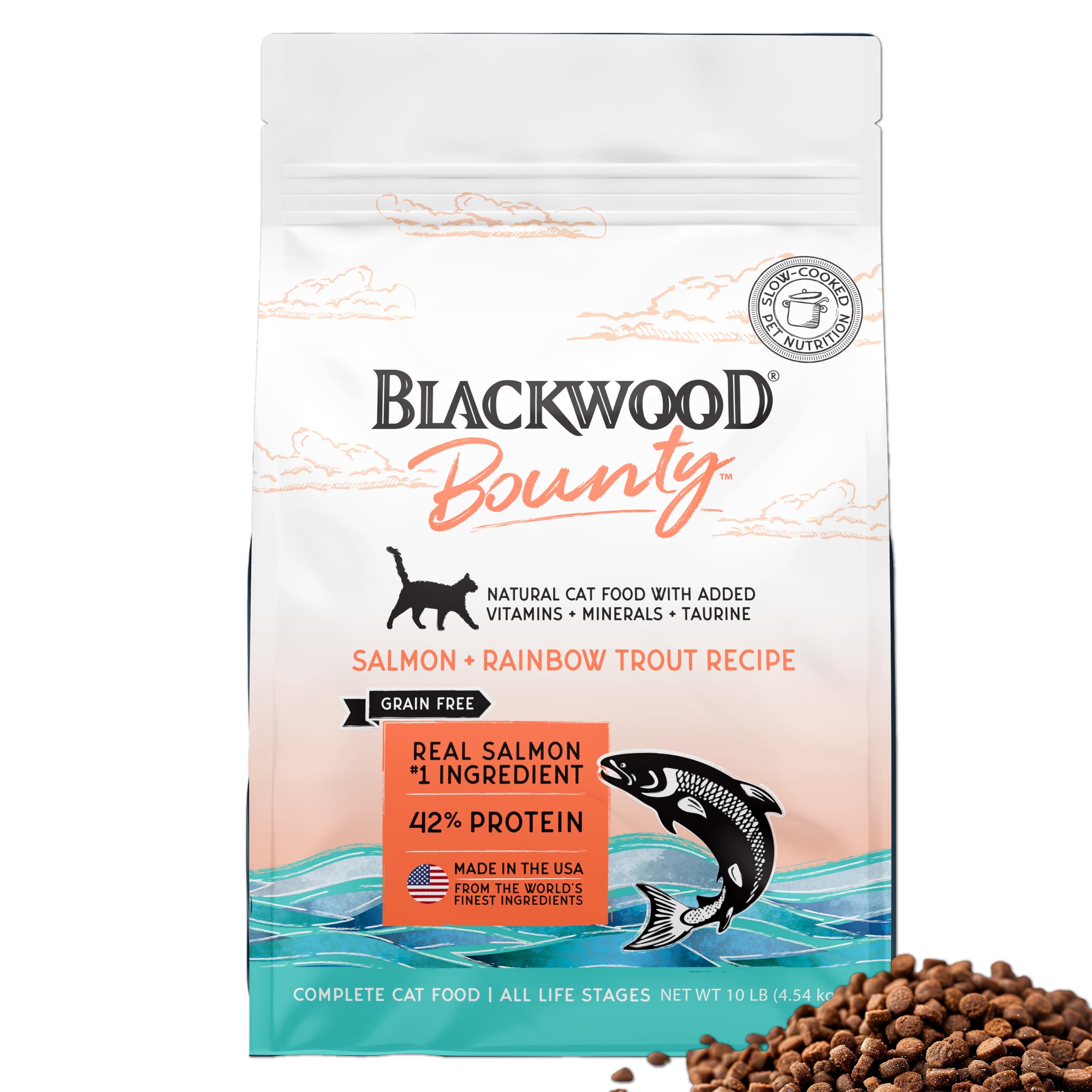 Blackwood Bounty Dry Cat Food, Salmon & Rainbow Trout Recipe for All Life Stages, 10 Pound Bag, High Protein, Grain Free