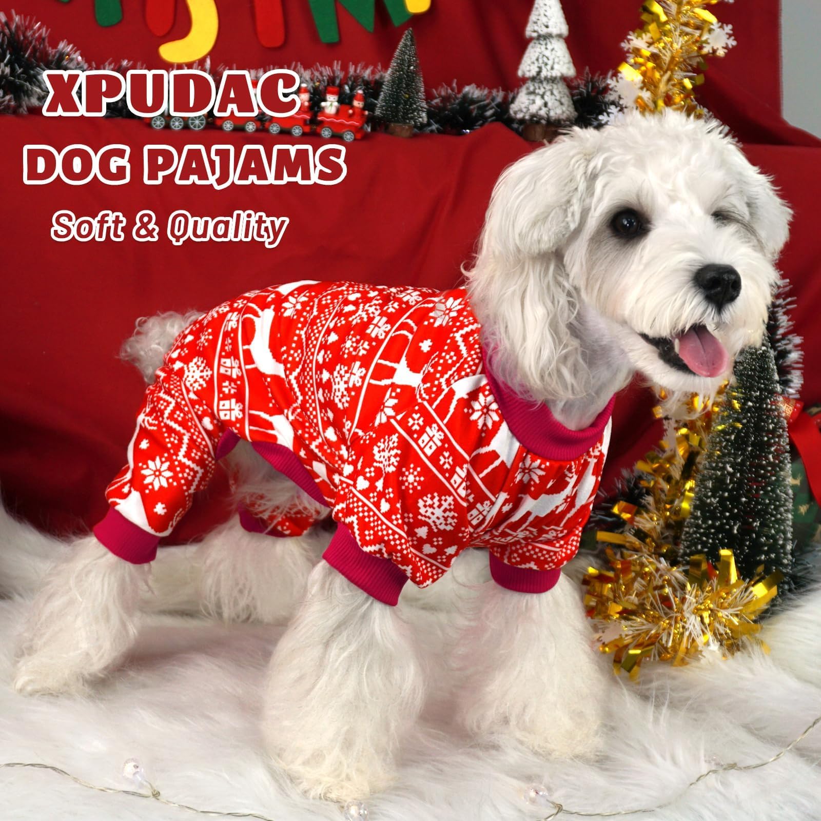 Xpudac 4 Pack Christmas Dog Pajamas Santa Pet Clothes Cute Reindeer Snowman Dog Pajamas For Small Medium Dogs(X-Small) 81-Hongba