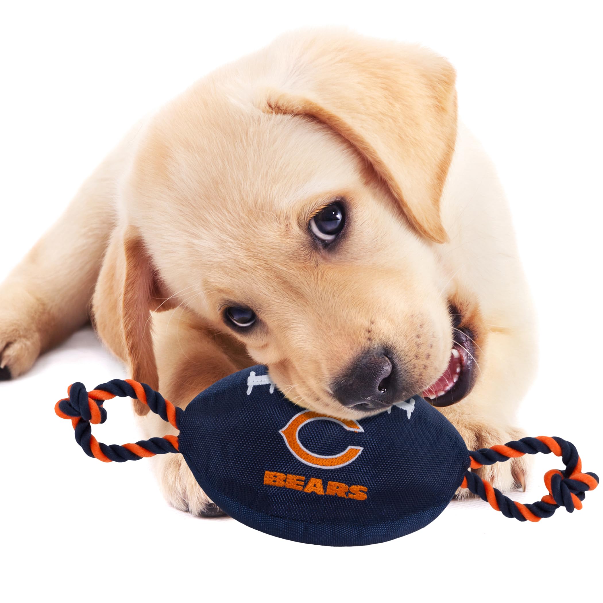 Pets First NFL Chicago Bears Football Dog Toy, Tough Quality Nylon Materials, Strong Pull Ropes, Inner Squeaker, NFL Team Color