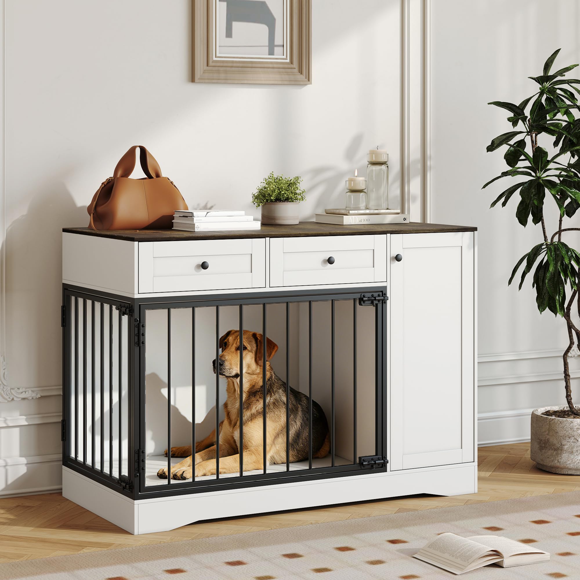 47 Farmhouse Dog Crate Furniture & TV Stand with Double Doors, Modern Indoor Kennel Dog Cage Buffet Cabinet Side End Table wit