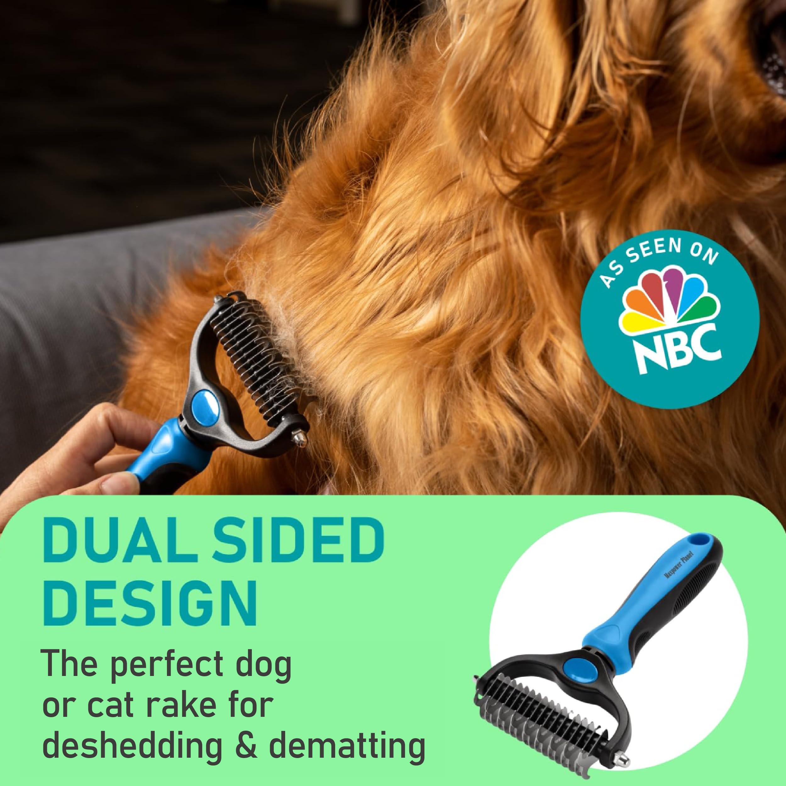 Maxpower Planet Original Pet Grooming Rake - Double-Sided Deshedding Dematting Tool, Undercoat Rake For Dogs & Cats, Extra-Wide Dog Grooming Brush & Deshedder Comb For Long Hair, Reduces Shedding 95%