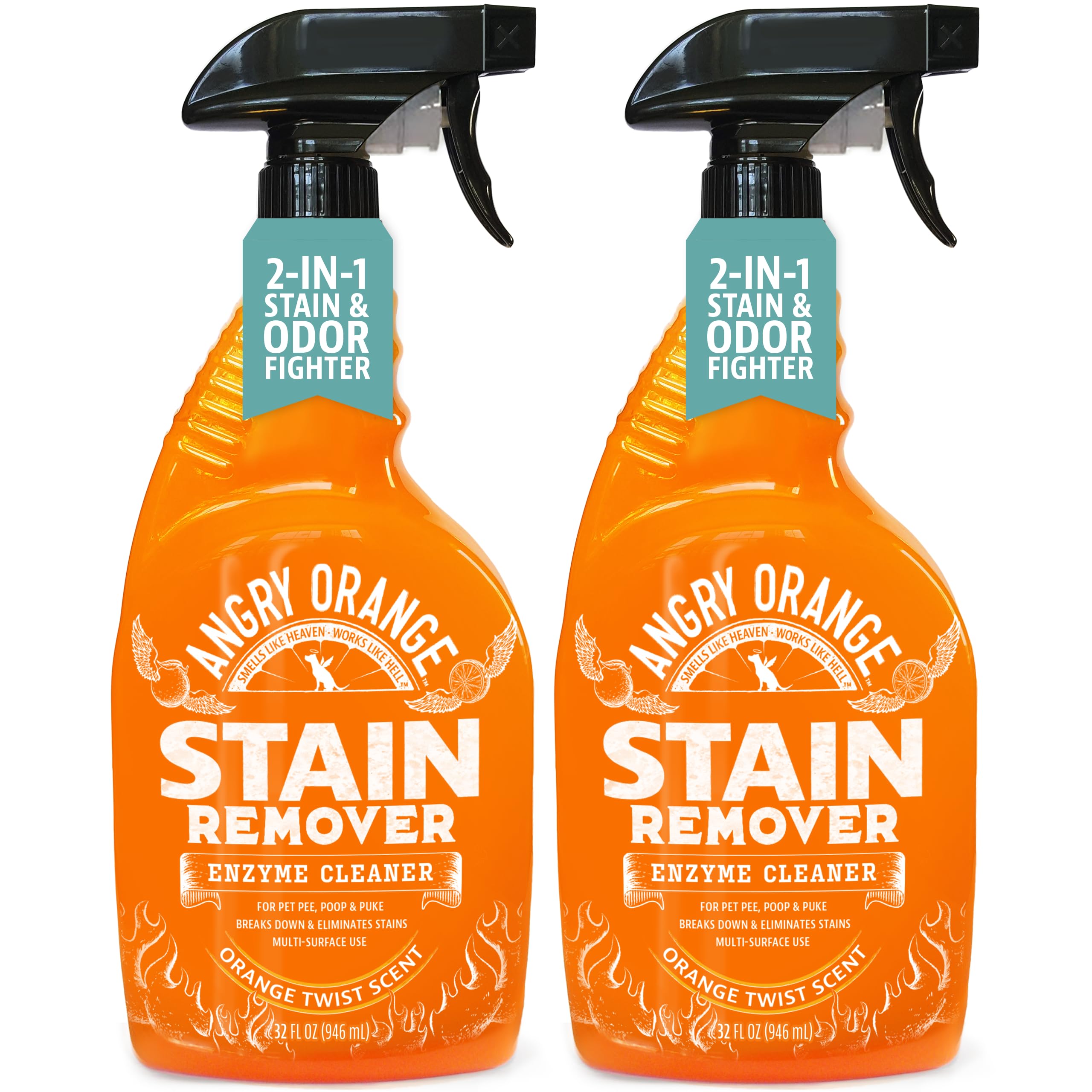 ANGRY ORANGE Pet Stain Remover - Enzyme Cleaner for Dog Urine & Stains, Citrus Scent, 32oz (2 Pack) - Powerful Odor Eliminator