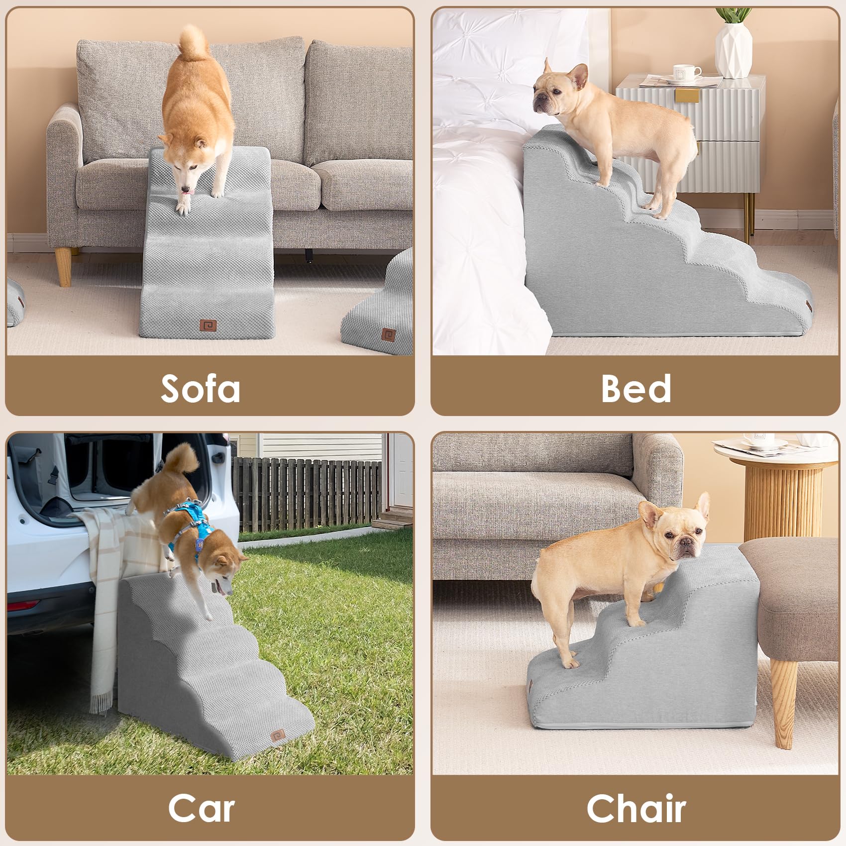 Eheyciga Curved Dog Stairs Ramp For Small Dogs 15.7' H, 3-Step Dog Steps For Couch Sofa And Chair, Pet Stairs For Cats, Non-Slip Balanced Pet Steps Indoor, Light Grey