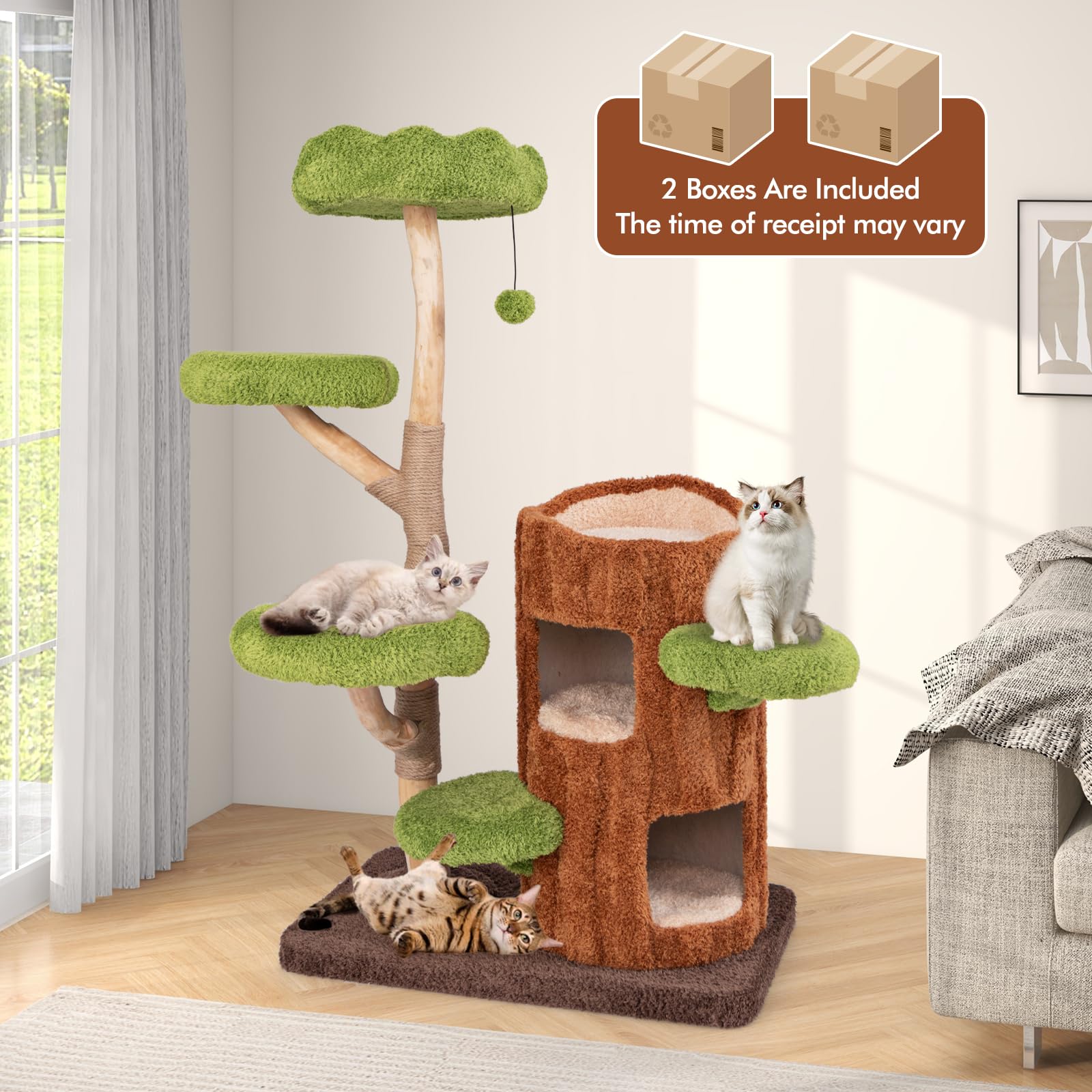 Petsite 55 Inch Wood Cat Tree, Multi-Level Cat Tower With Double Decker Cat House, Scratching Posts And Sisal Board, Soft Padded