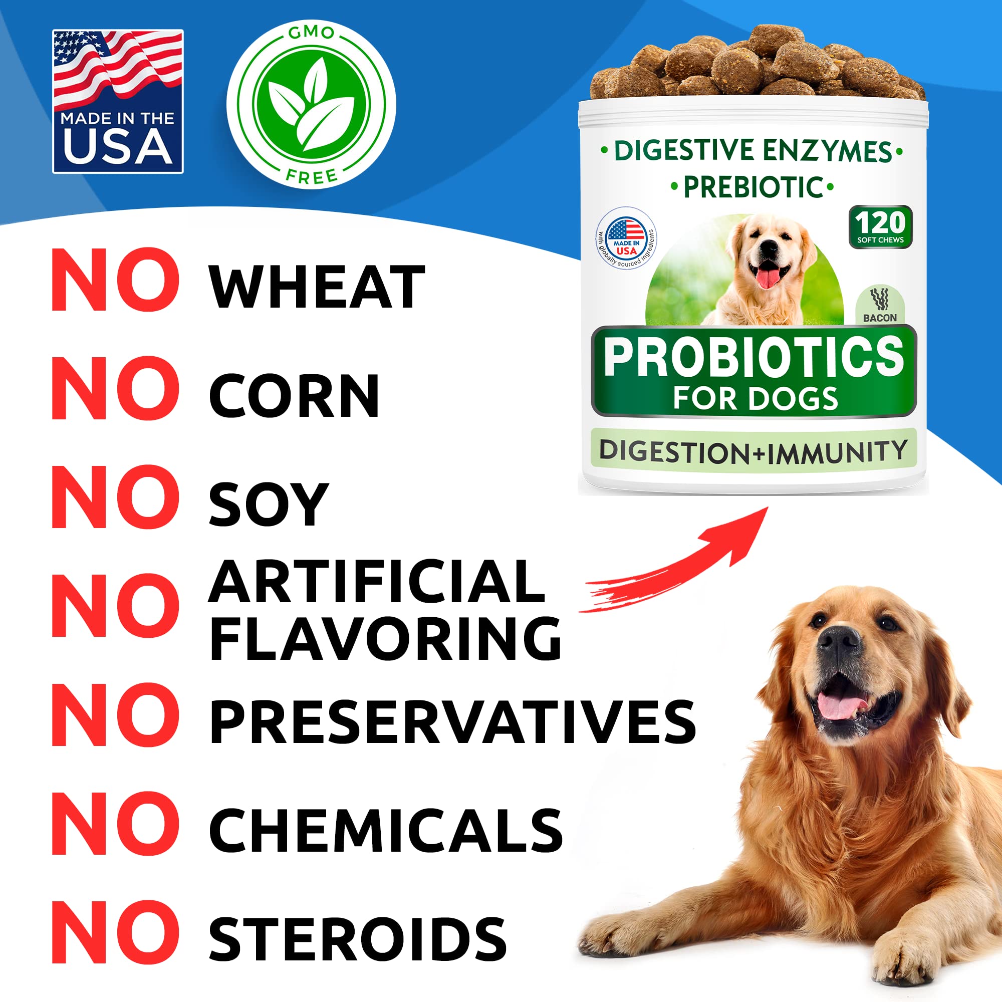 Dog Probiotics & Digestive Enzymes - Allergies & Itchy Skin + Gut Health - Pet Diarrhea Gas Treatment, Upset Stomach Relief Pill