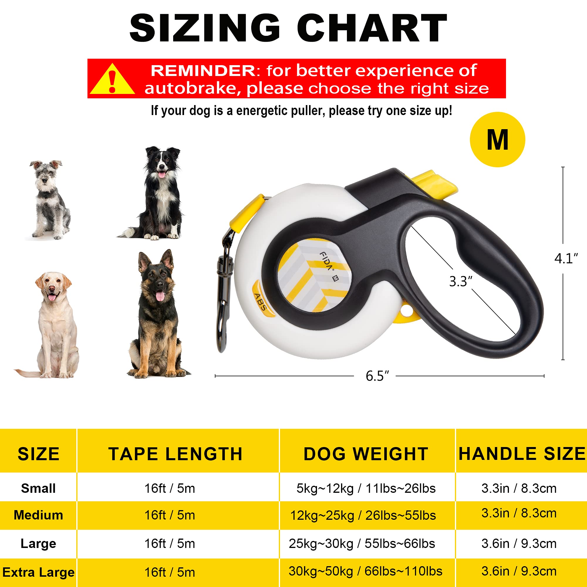 FIDA AutoBrake Retractable Dog Leash. Advanced Patented Design for Dog Pulling, 16 ft Heavy Duty No Pull Pet Walking Leash for M