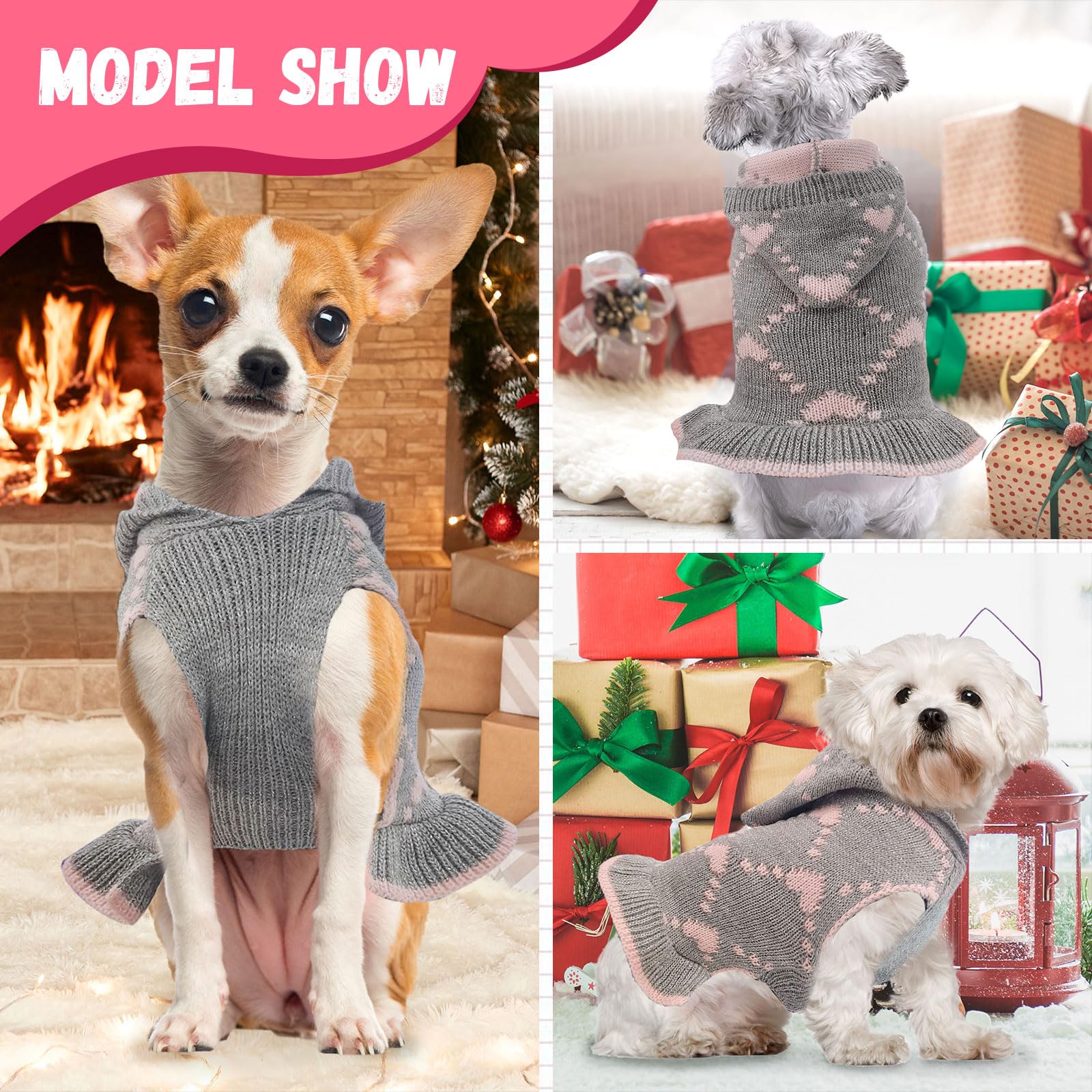 HRTTSY Cute Dog Sweater Soft Warm Fall Winter Dogs Sweater Dress Female Dog Cat Clothes with Leash Hole Pink Hearts Hooded Puppy