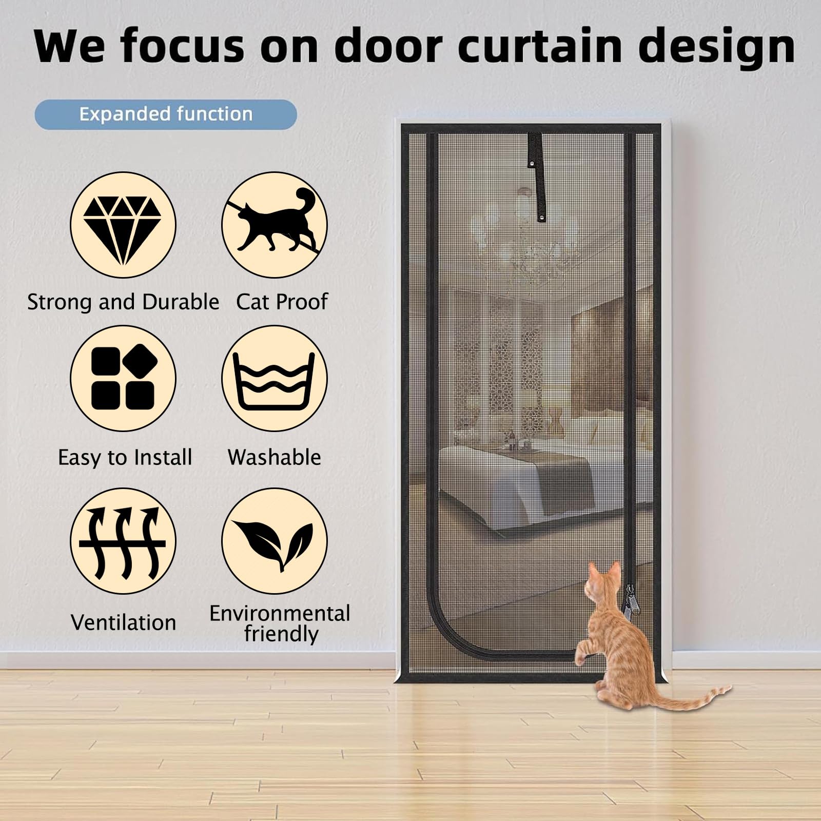 QWR Reinforced Cat Screen Door,Fits Door Size 36x 81,Thickened Cat Resistant Mesh Screen Door for Living Room,Kitchen,Bedroo