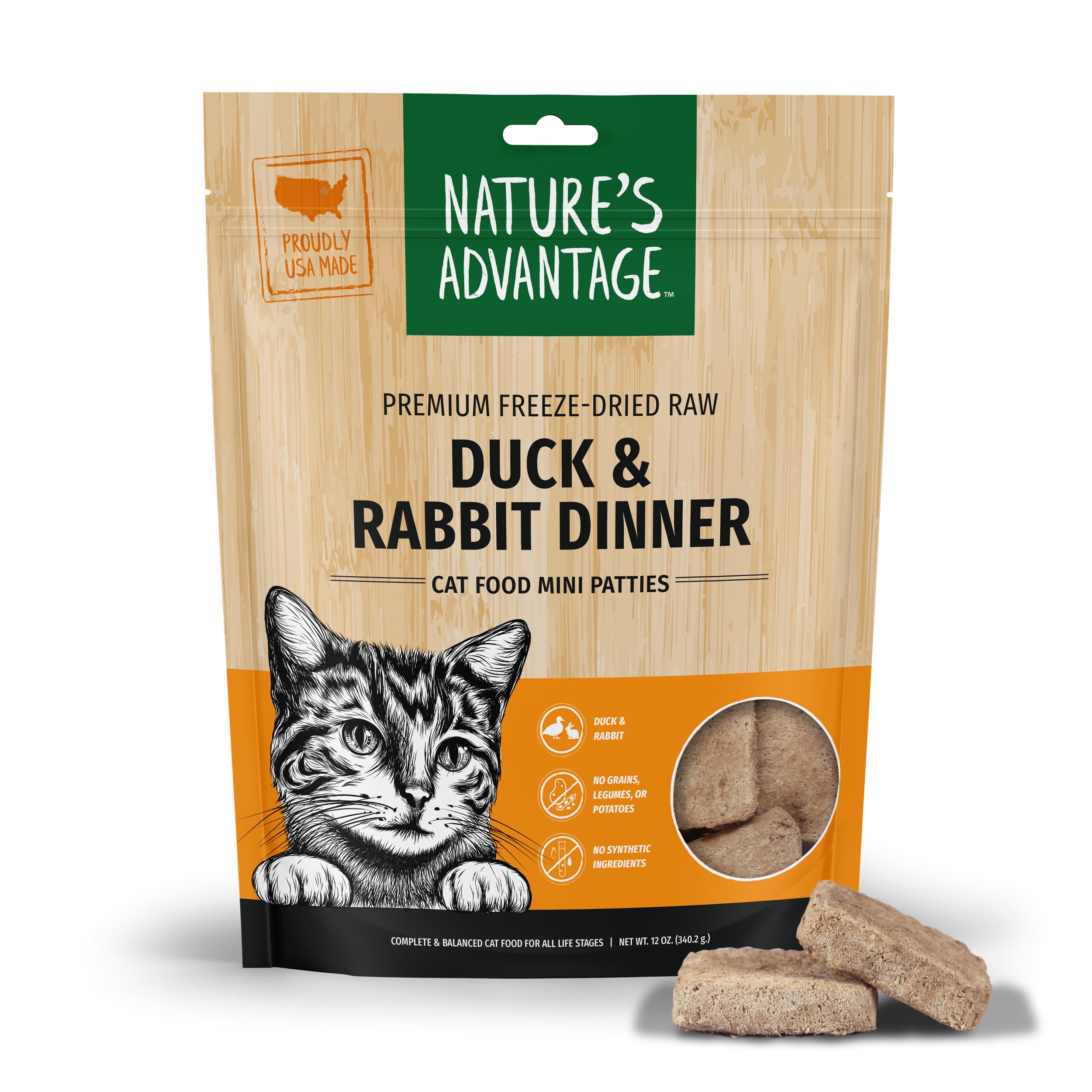 Natures Advantage Freeze-Dried Raw Duck & Rabbit Dinner Cat Food Mini Patties, 12 oz | Grain Free, High Protein Nutrition
