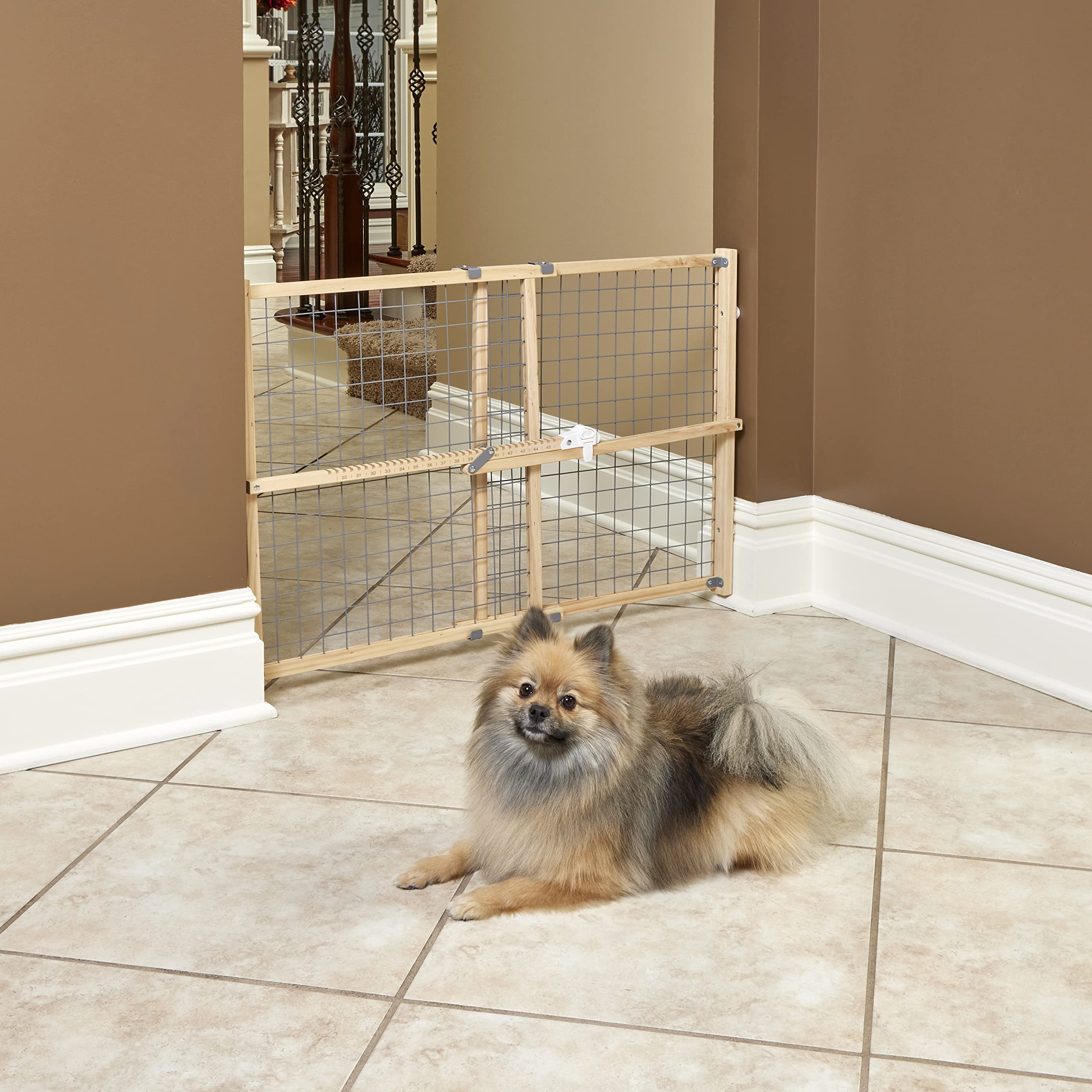 New World Wire Mesh Wood Dog Gate, Pet Gate, Does Not Damage Walls, No Tool Assembly, Features Patented Locking Arm, 24H X 27-41.5W - Inches, Natural Wood & Light Gray Mesh