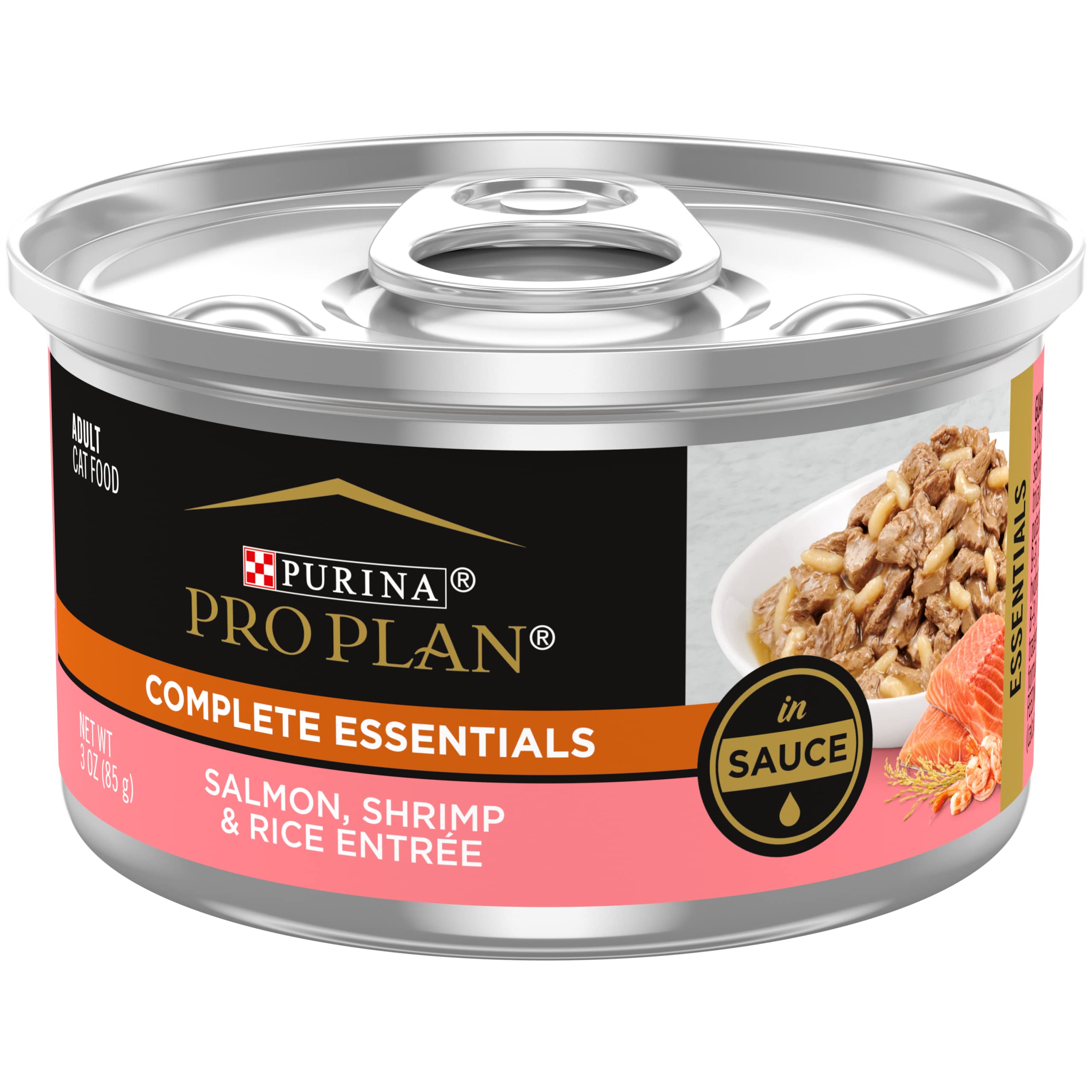 Purina Pro Plan Pate, Gravy Wet Cat Food, COMPLETE ESSENTIALS Salmon, Shrimp & Rice Entree in Sauce - (Pack of 24) 3 oz. Pull-To