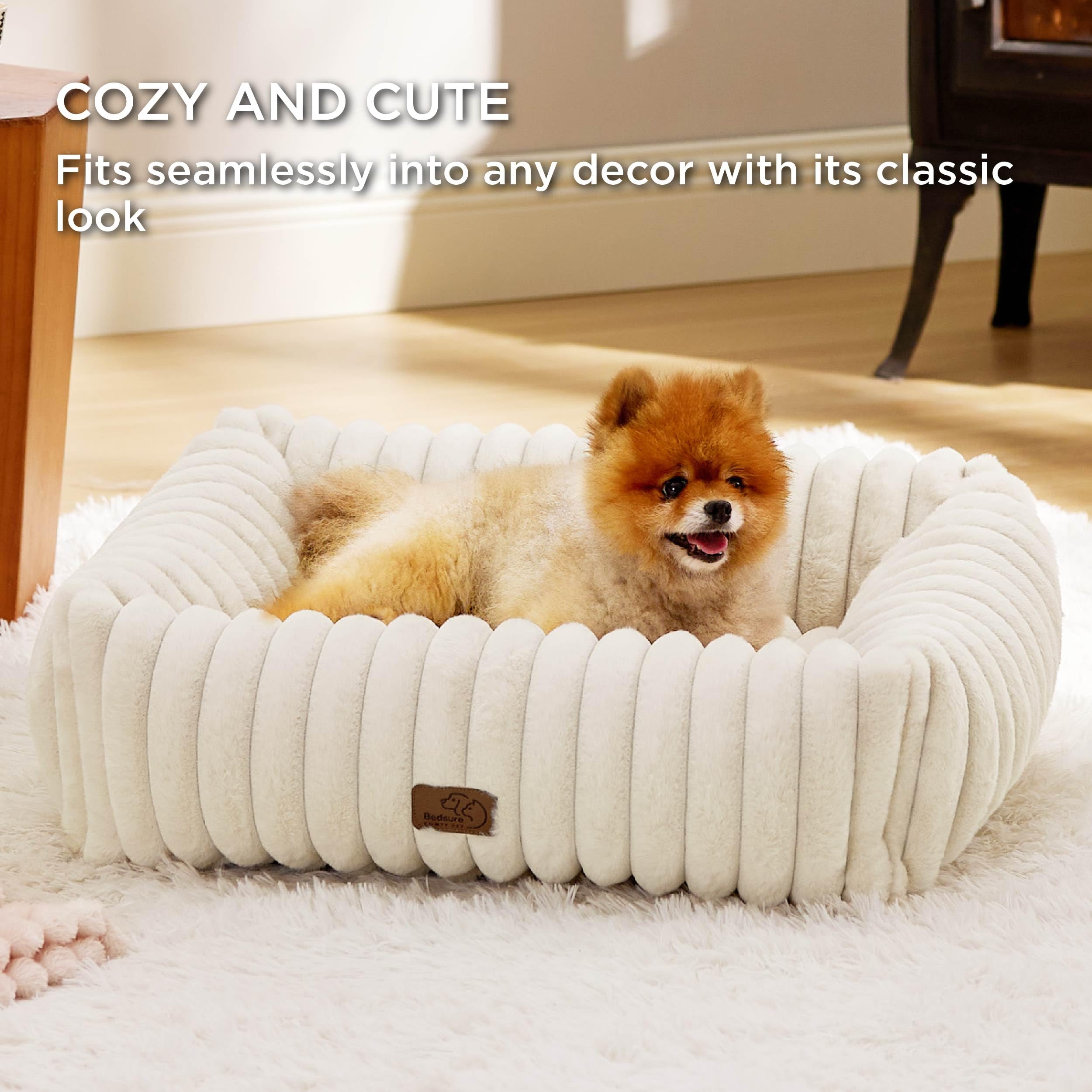 Bedsure Cute Dog Bed Medium Size Dog - Washable Furry Puppy Beds, Rectangle Orthopedic Corduroy Fleece Pet Beds With Removable Z