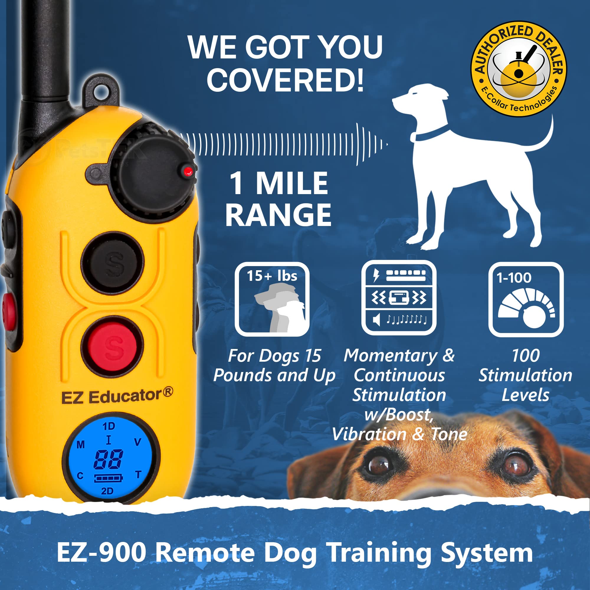 E-Collar Educator Ez-900-1/2 Mile Remote Waterproof Dog Trainer - Static, Vibration And Sound Stimulation Collar With Petstek Do