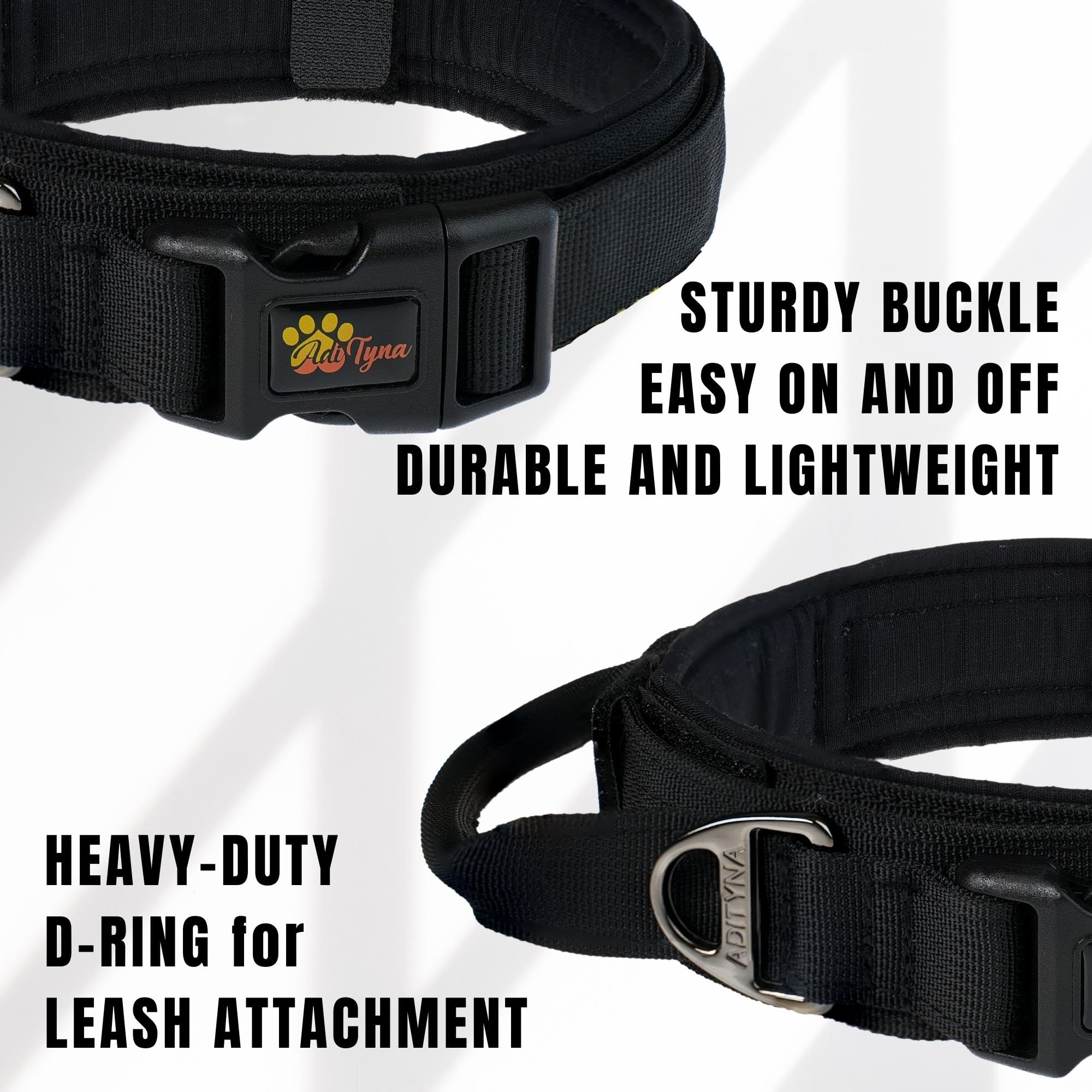 Adityna - Tactical Dog Collar For Large Dogs - Soft Padded, Heavy Duty, Adjustable Black Dog Collar With Handle For Training And