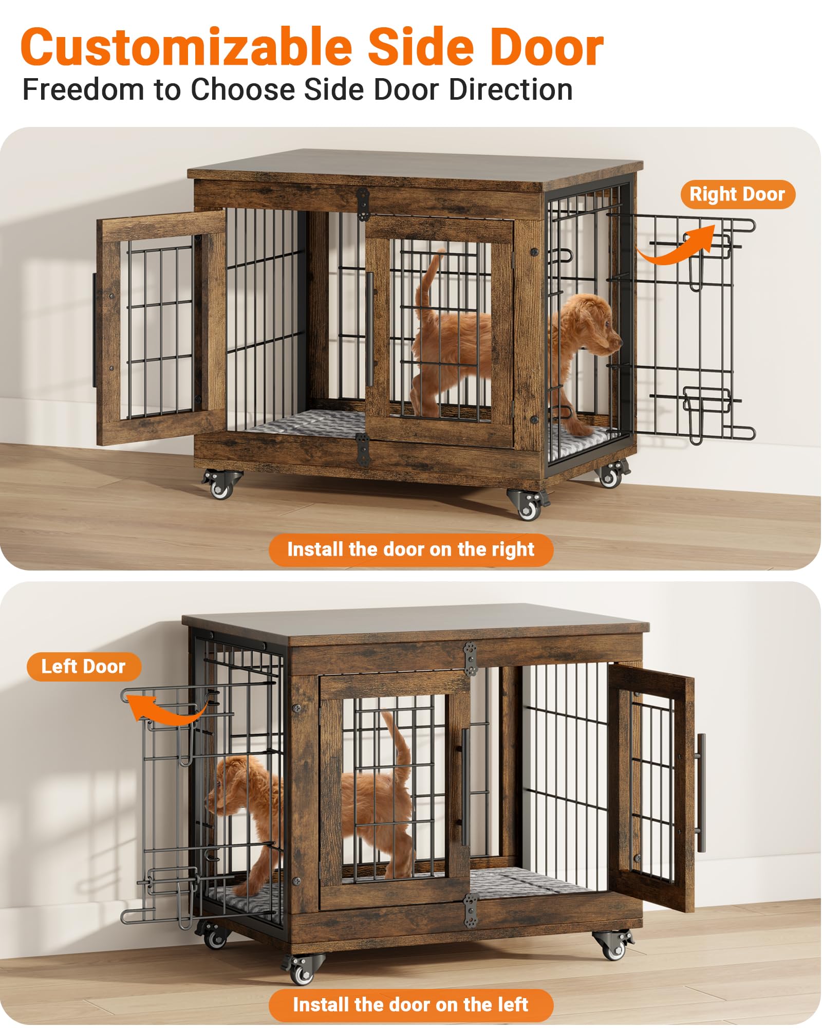 YaFiti Dog Crate Furniture with Cushion Set of 2, Wooden Dog Kennel Indoor with Double Doors, Dog Cage with Wheels, Dog House Si