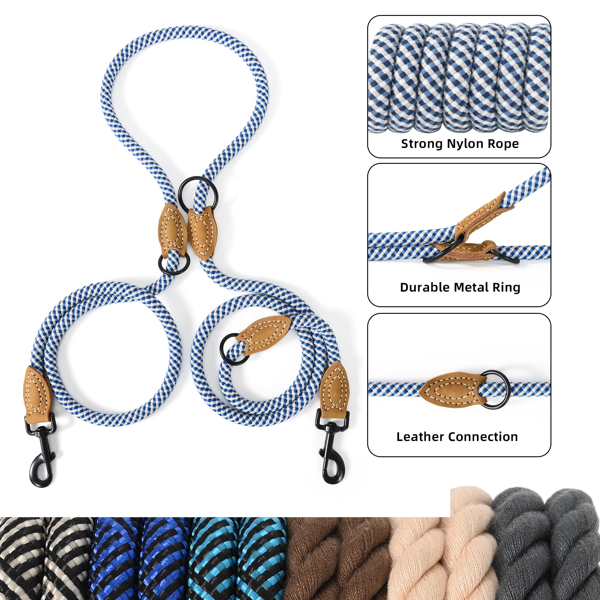 Mile High Life Dual Dog Leash - Double, Hands Free With Leather Connection - 360 Swivel, No Tangle - Blue Gray, 8Ft