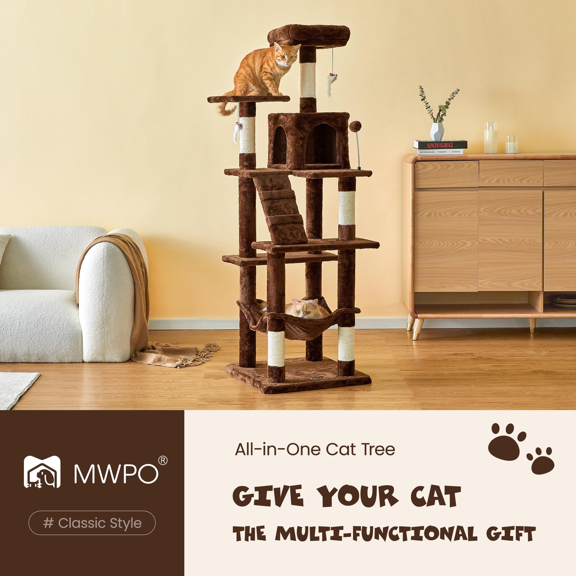 Mwpo 63.8 Inches Multi-Level Cat Tree For Large Cats With Sisal-Covered Scratching Posts, Padded Platform, Hammock And Condo,Sta