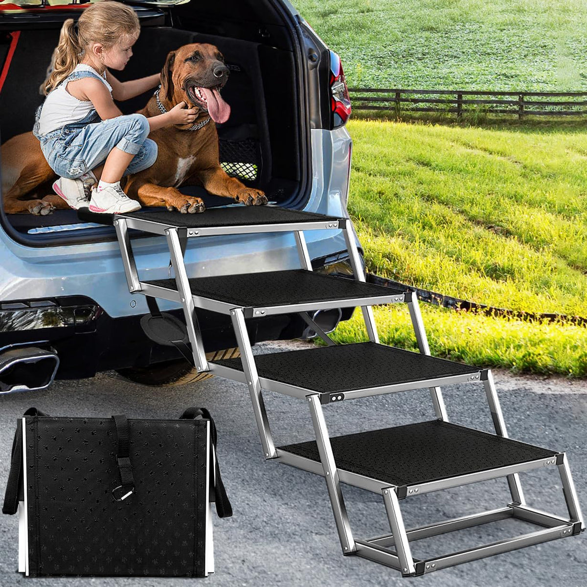 Dog Ramp For Car, Extra Wide Dog Car Stair For Large Dogs, Pet Steps Lightweight Aluminum Foldable Dog Steps For Cars And Suv,High Beds, Trucks, Supports Up To 200 Lbs (Extra Wide-4 Steps)