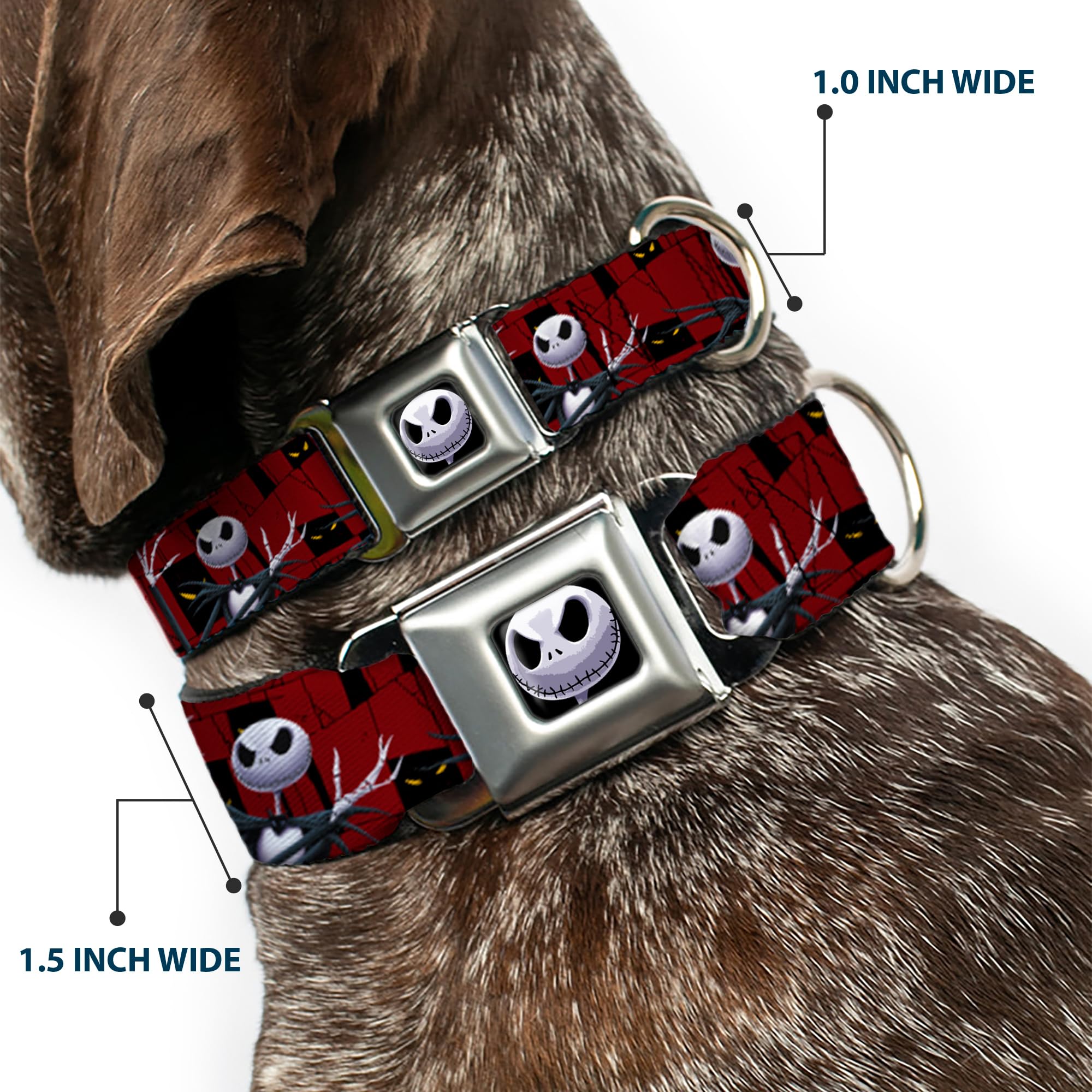 Buckle-Down Seatbelt Buckle Dog Collar - Nightmare Before Christmas 3-Jack Poses/Peeping Eyes Burgundy/Black/Yellow - 1.5' Wide