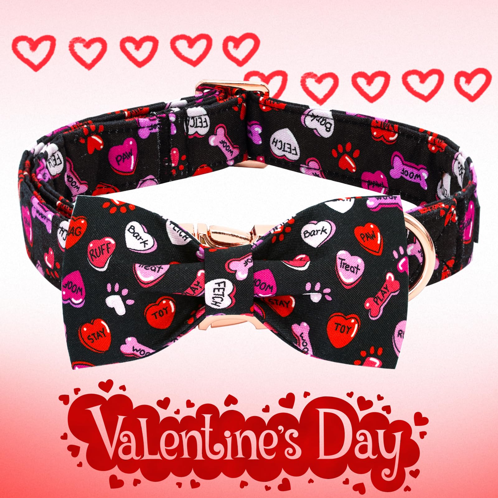 Elegant little tail Valentine's Dog Collar,Cute Heart Dog Collar with Bow for Large Dogs, Female or Male Adjustable Cotton Pet C
