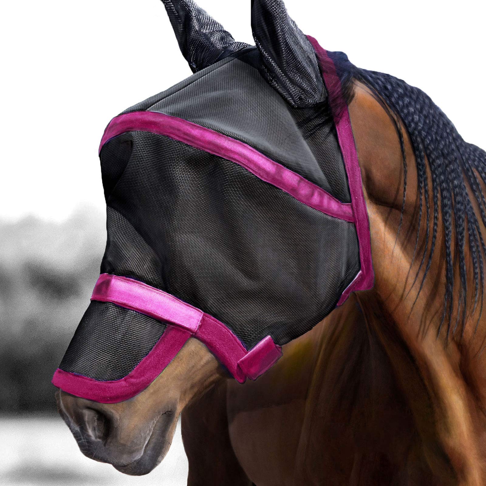 Harrison Howard Maskology Supreme Horse Fly Mask Stellar UV Protection with Detachable Nose Cover Well-Received 2-in-1 Mask Fuch