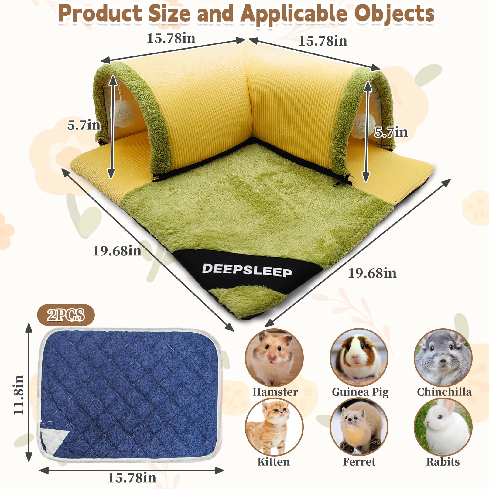 3 Pcs Guinea Pig Hideout Tunnel With Removable Base & 2 Liners - Machine Washable Soft Small Animal Bed & Play Tube For Chinchil