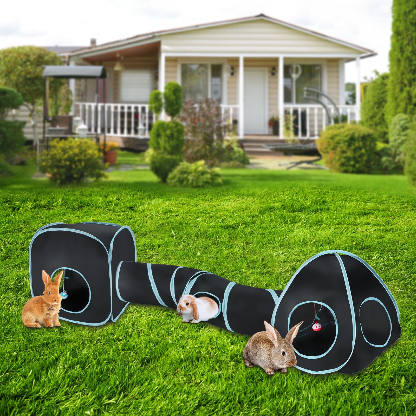 YUEPET Large Rabbit Tunnel and Cube - Collapsible Interactive Crinkle Toy for Dwarf Bunny & Guinea Pig, Black Blue