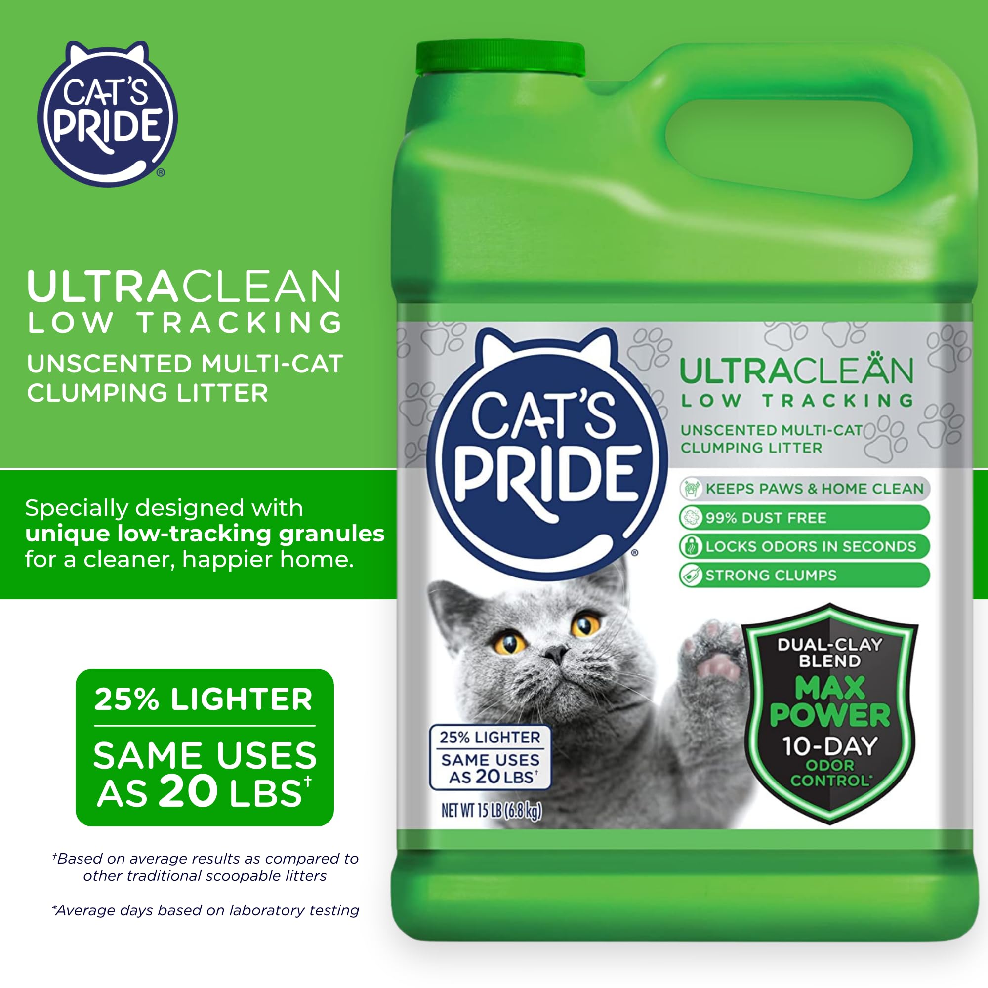 Cat'S Pride Ultraclean Low Tracking Multi-Cat Clumping Litter - Keeps Paws & Home Clean, Up To 10 Days Odor Control, 99% Dust Free, Unscented, 15 Pounds