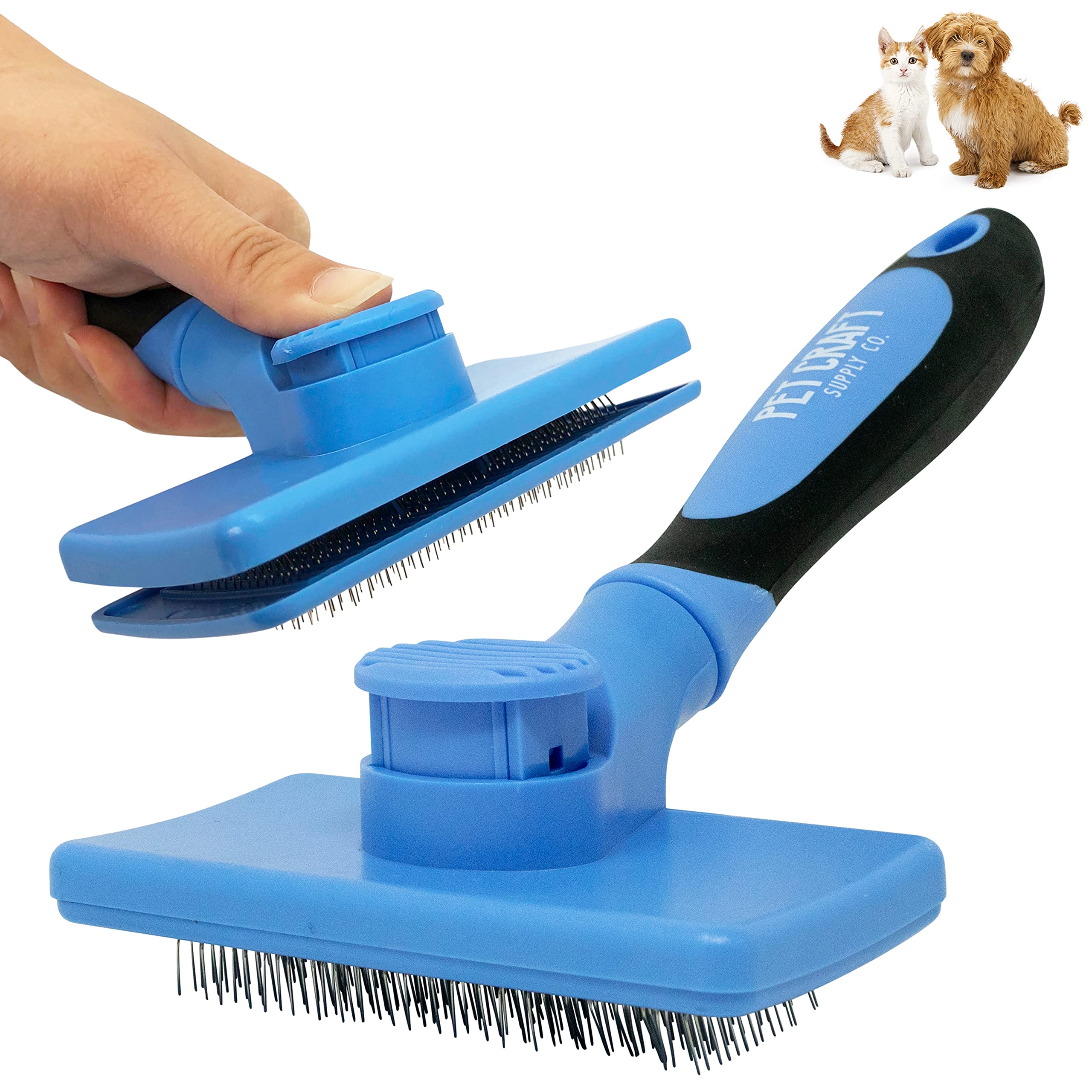 Pet Craft Supply Self Cleaning Grooming Slicker Pet Brush For Cats And Dogs Short Long Haired Fur Small Medium Large Metal Pin Bristle Comb Undercoat Deshedding Dematting Detangler Puppy Kitten Blue