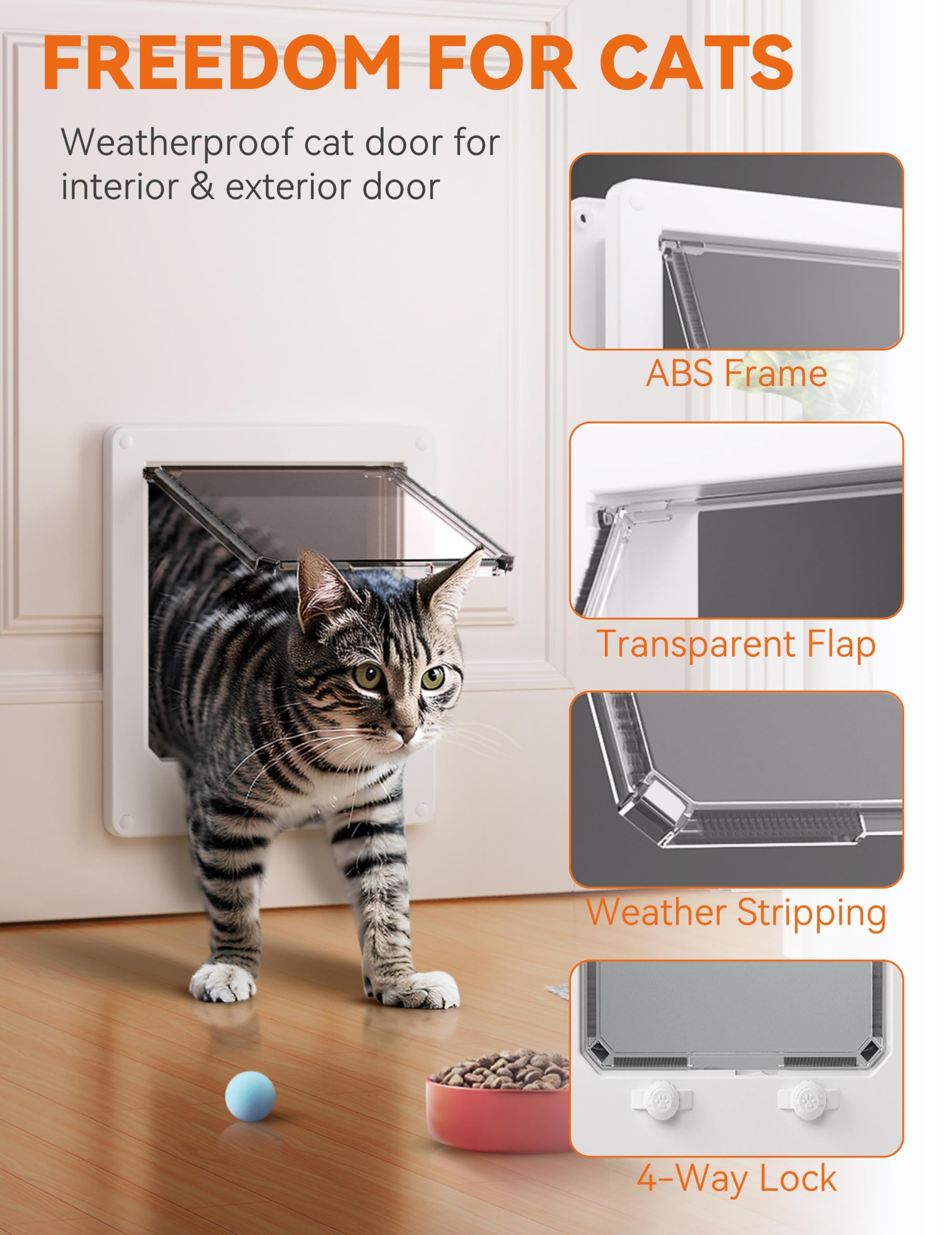 LIBBEPET Cat Door Interior Door, Indoor Cat Doors, Large Pet Doors for Cats Up to 18 lbs(Frame Size 9.3 x 10.6), Upgraded 4 Way