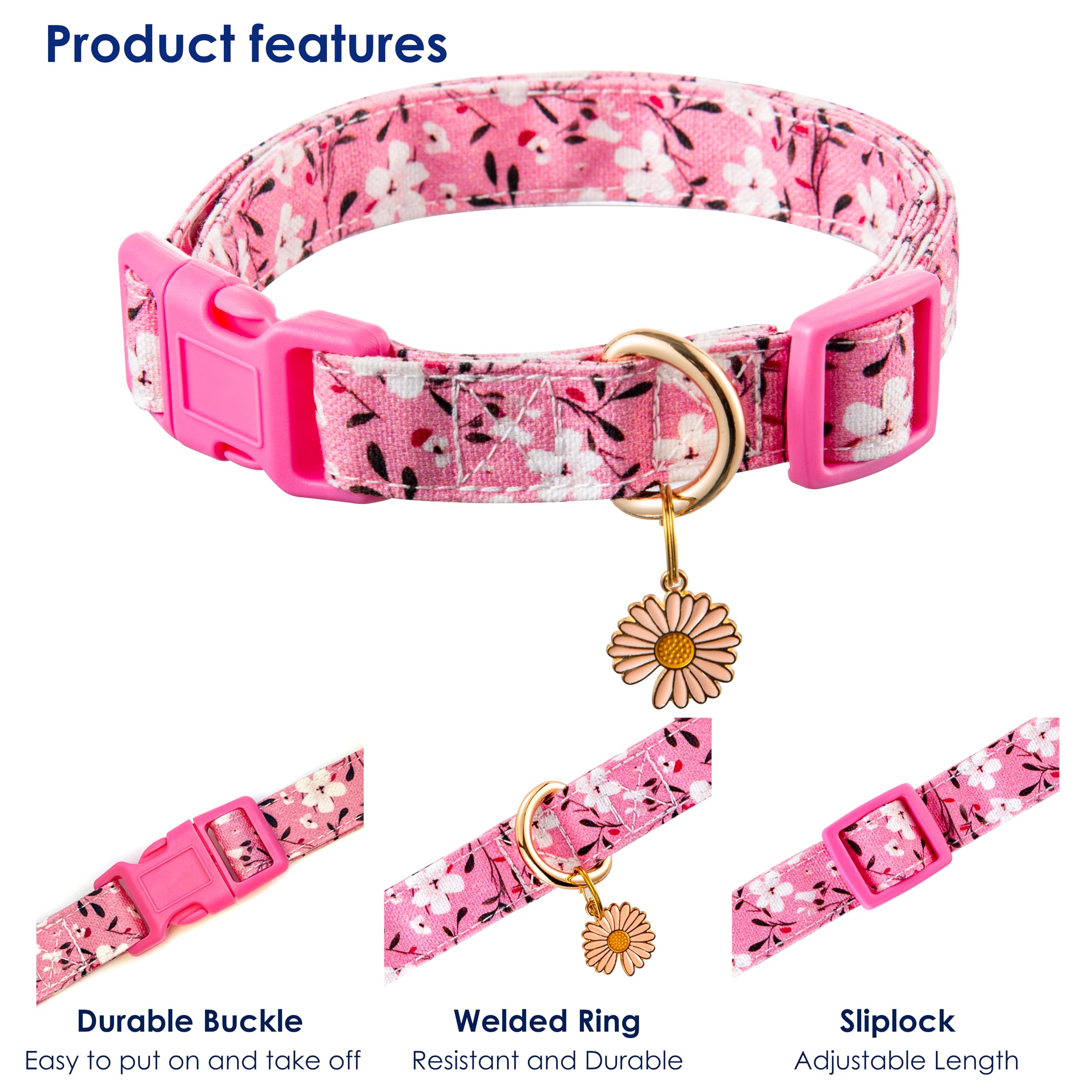 Raisingwell Cotton Dogs Collar Pink Flower Patterns For Boys And Girls Cute Dog Collars Summer Fall Gift Adjustable For Small To
