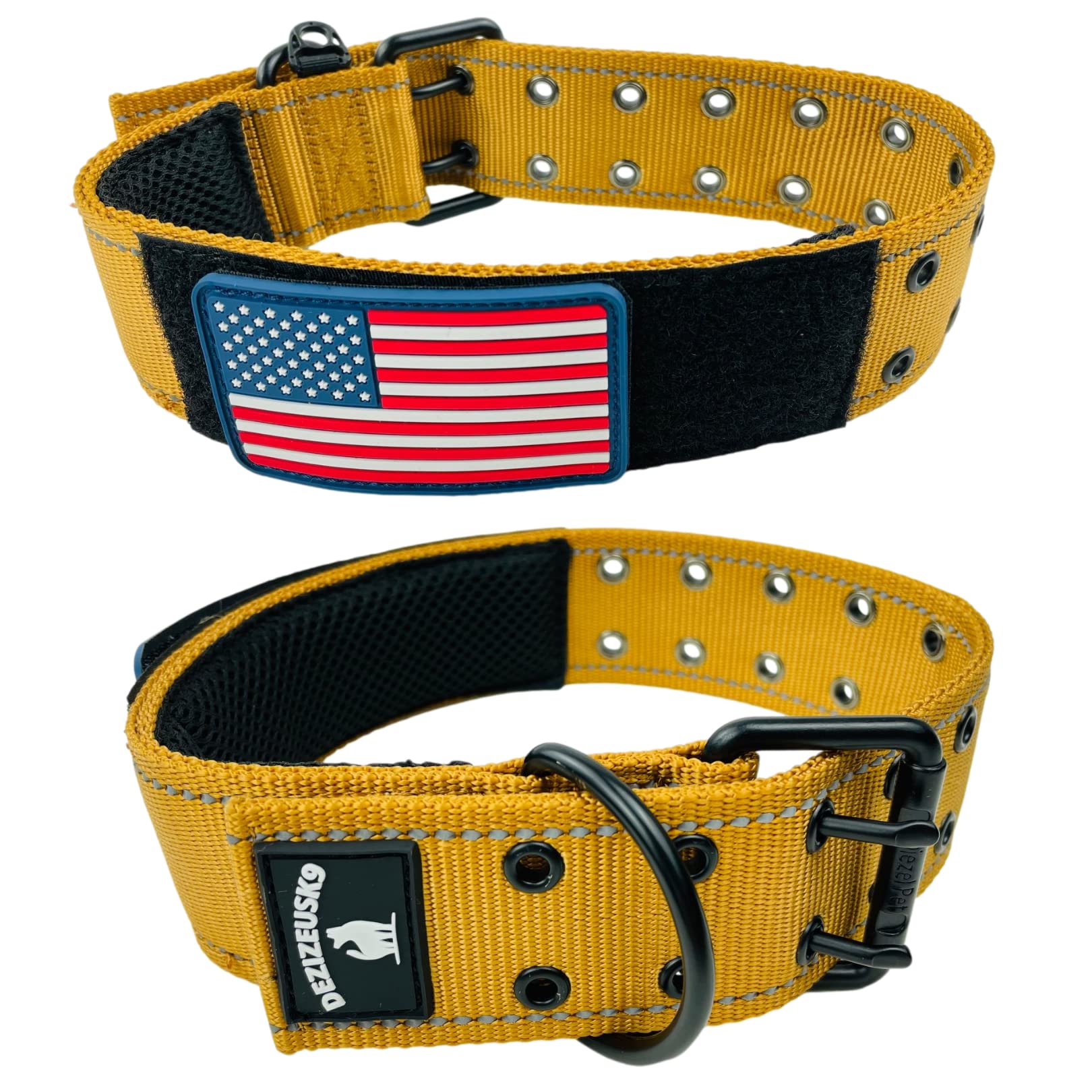 2' Personalized Tactical Dog Collar - Wide Thick Military Style With Strong Belt Buckle Closure - American Flag Patch - Reflective - Med And Xl Sizes For Large And Giant Dogs