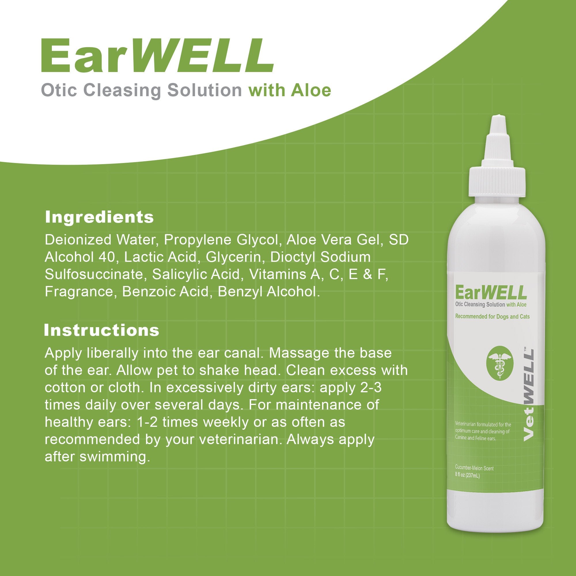 Vetwell Ear Cleaner For Dogs And Cats - Otic Rinse For Infections And Controlling Ear Infections And Odor In Pets - 8 Oz (Cucumber Melon)